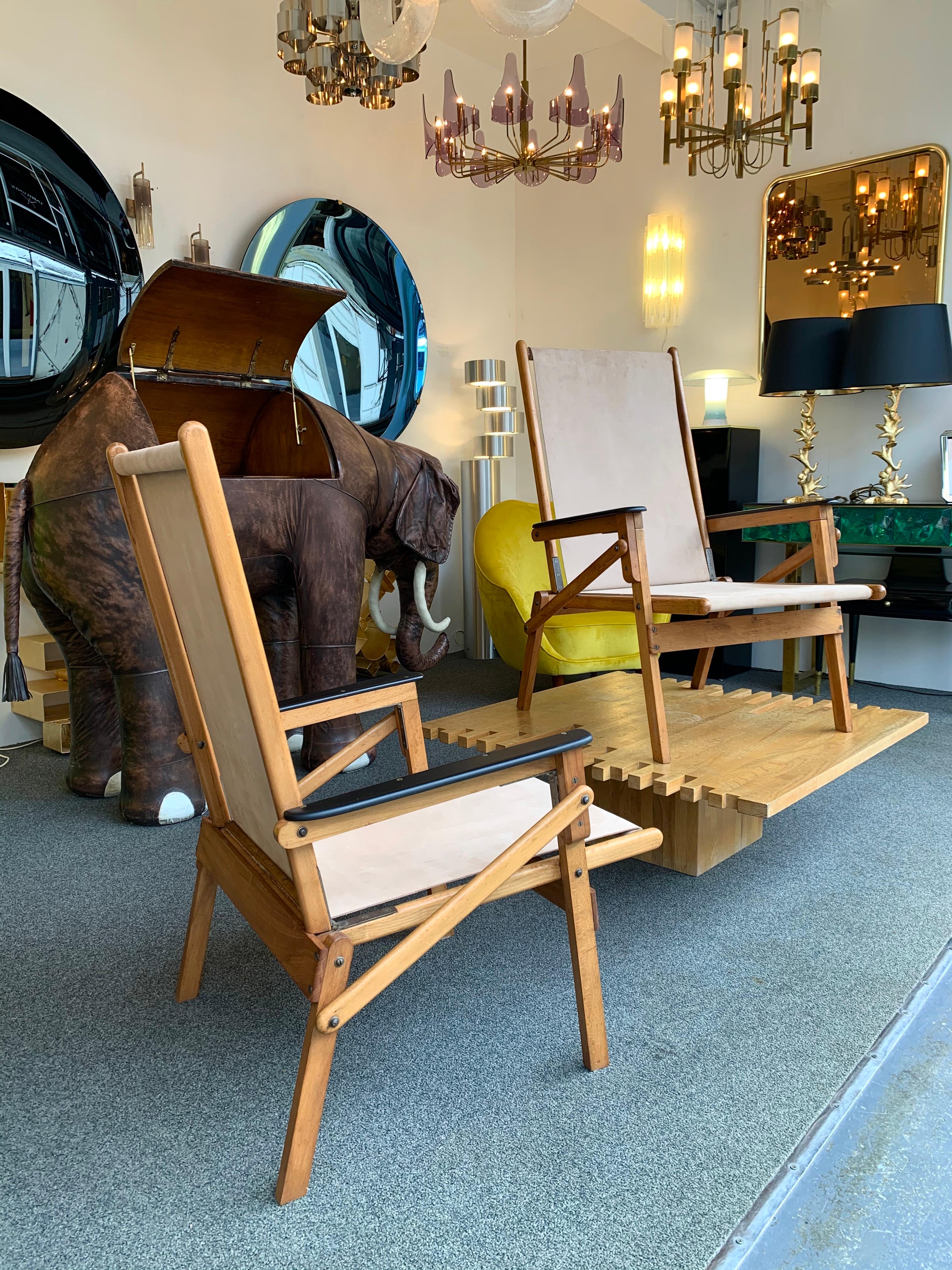 Pair of Wood and Suede Folding Armchairs, Italy, 1950s at 1stDibs