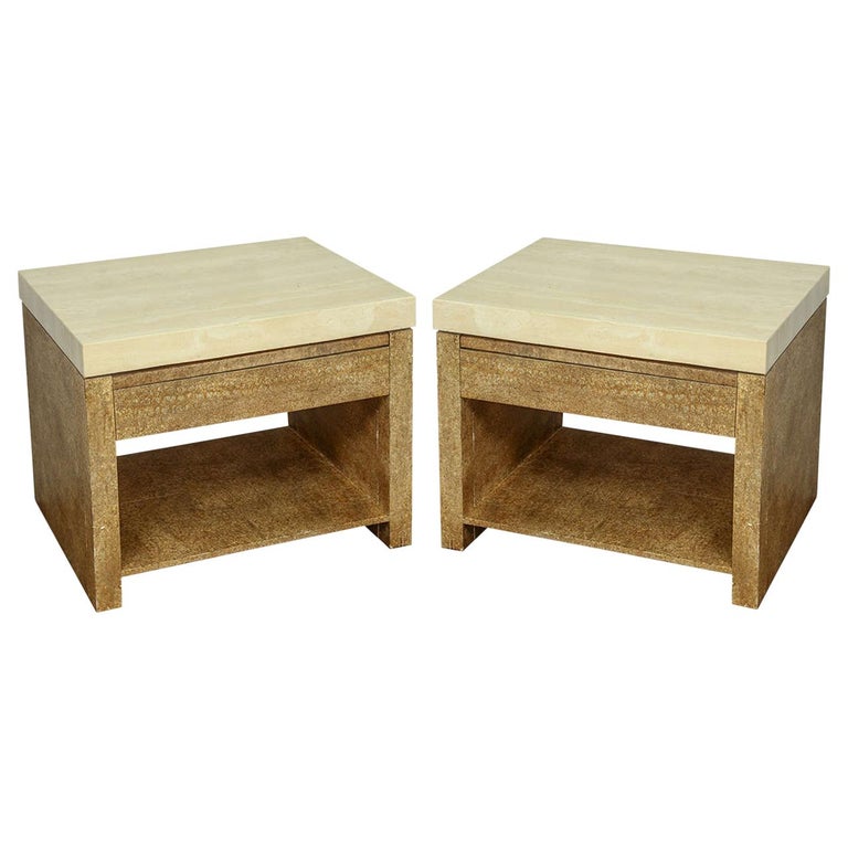 Pair of Wood and Travertine End Tables For Sale