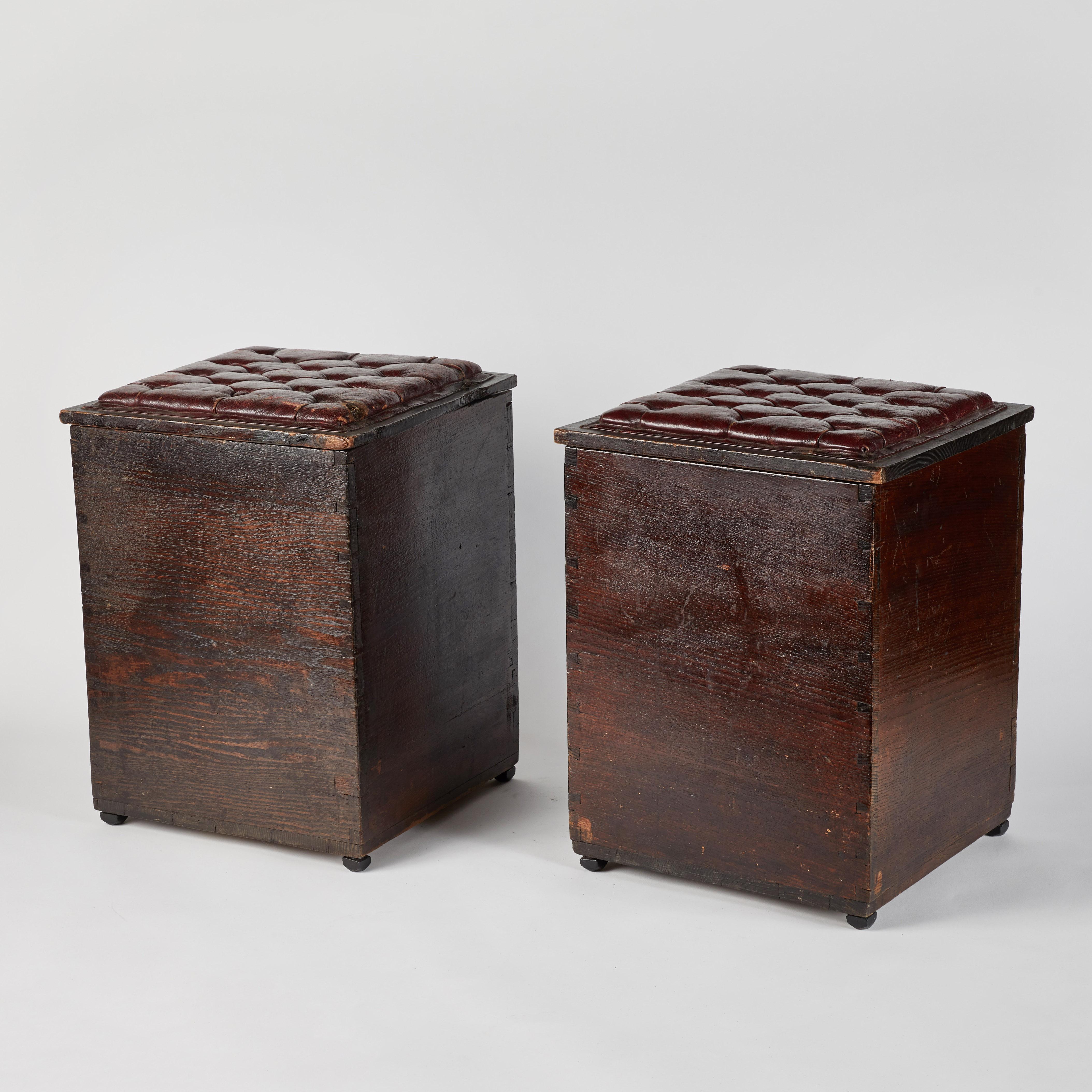 Late Victorian Pair of Wood and Tufted Leather Topped Stools from Late 19th Century England