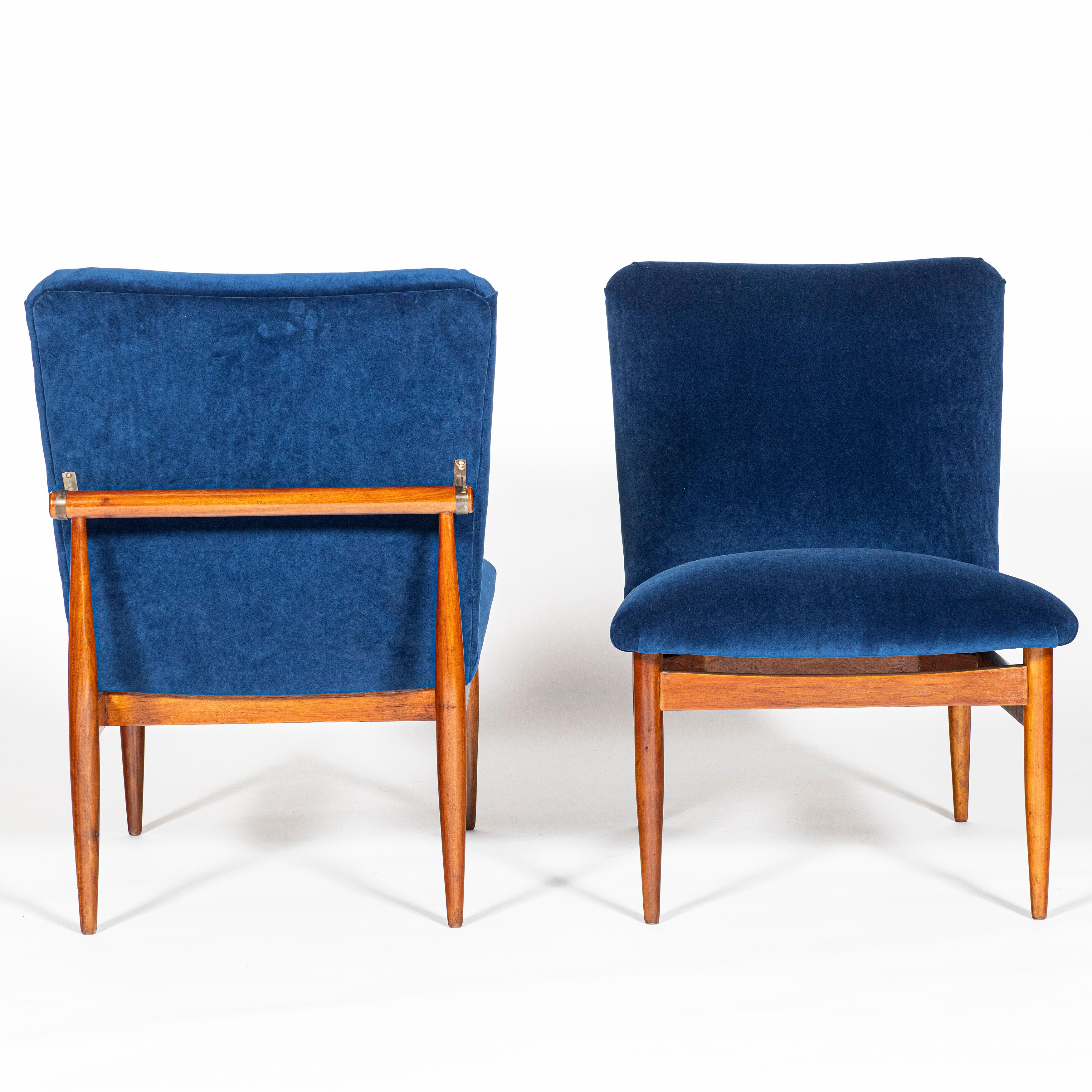 Mid-20th Century Pair of Wood and Velvet Scandinavian Lounge Chairs, circa 1960