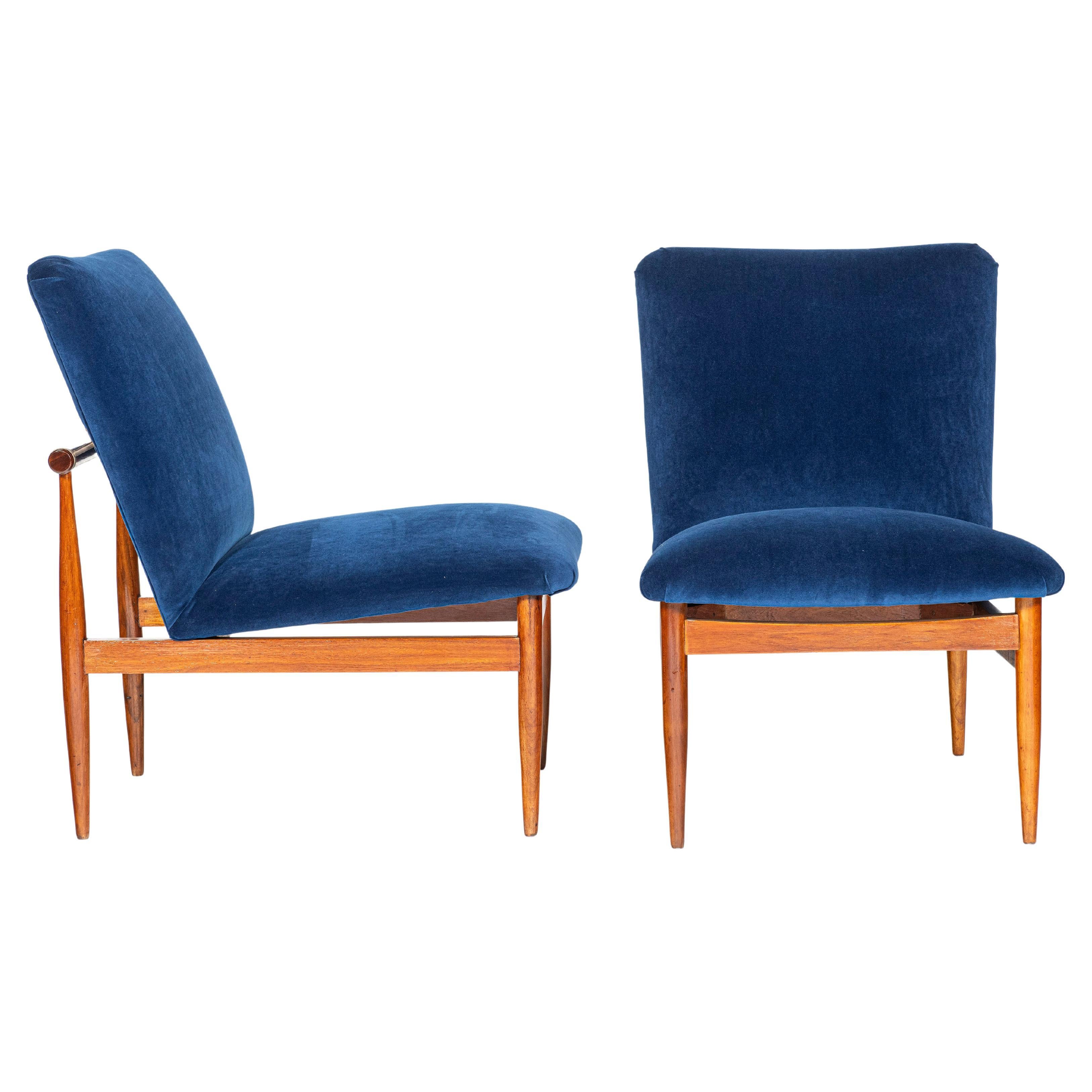 Pair of Wood and Velvet Scandinavian Lounge Chairs, circa 1960