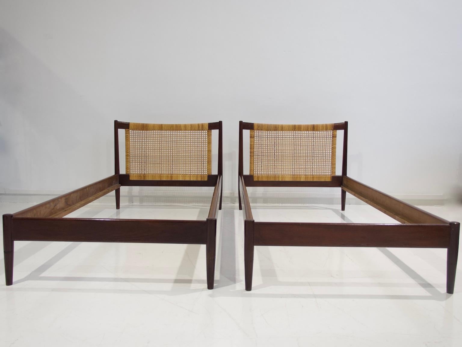 Scandinavian Modern Pair of Wood and Wicker Bed Frames by Børge Mogensen