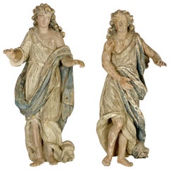 Antique Pair of Wood Angels Sculptures, France, 18th Century