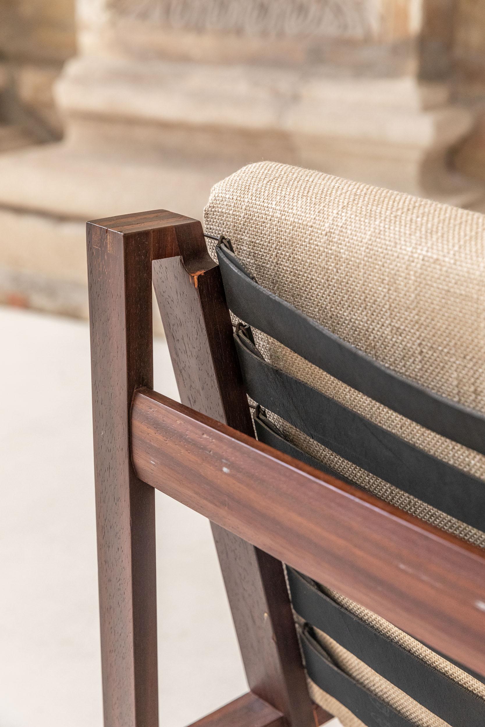 Pair of Wood Armchairs, Black Stripes and Écru Cushions 4