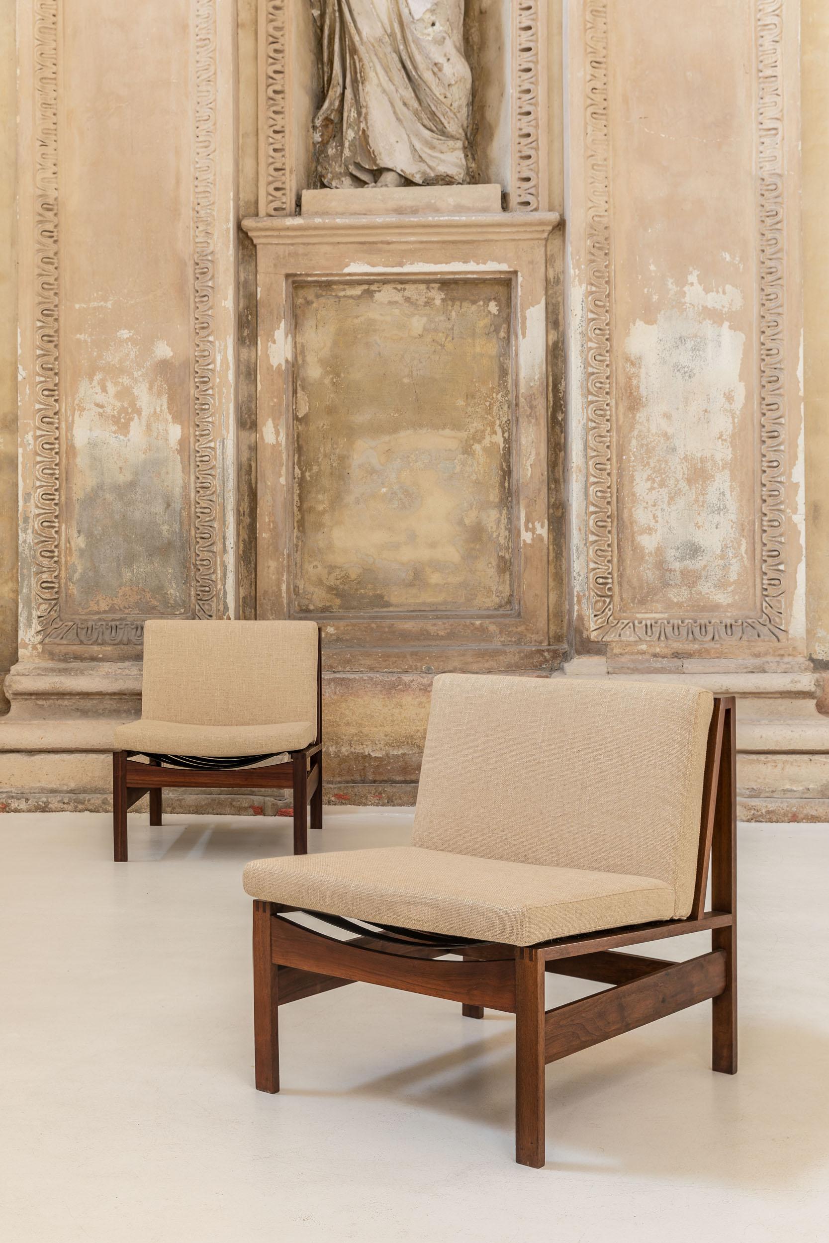 Italian Pair of Wood Armchairs, Black Stripes and Écru Cushions