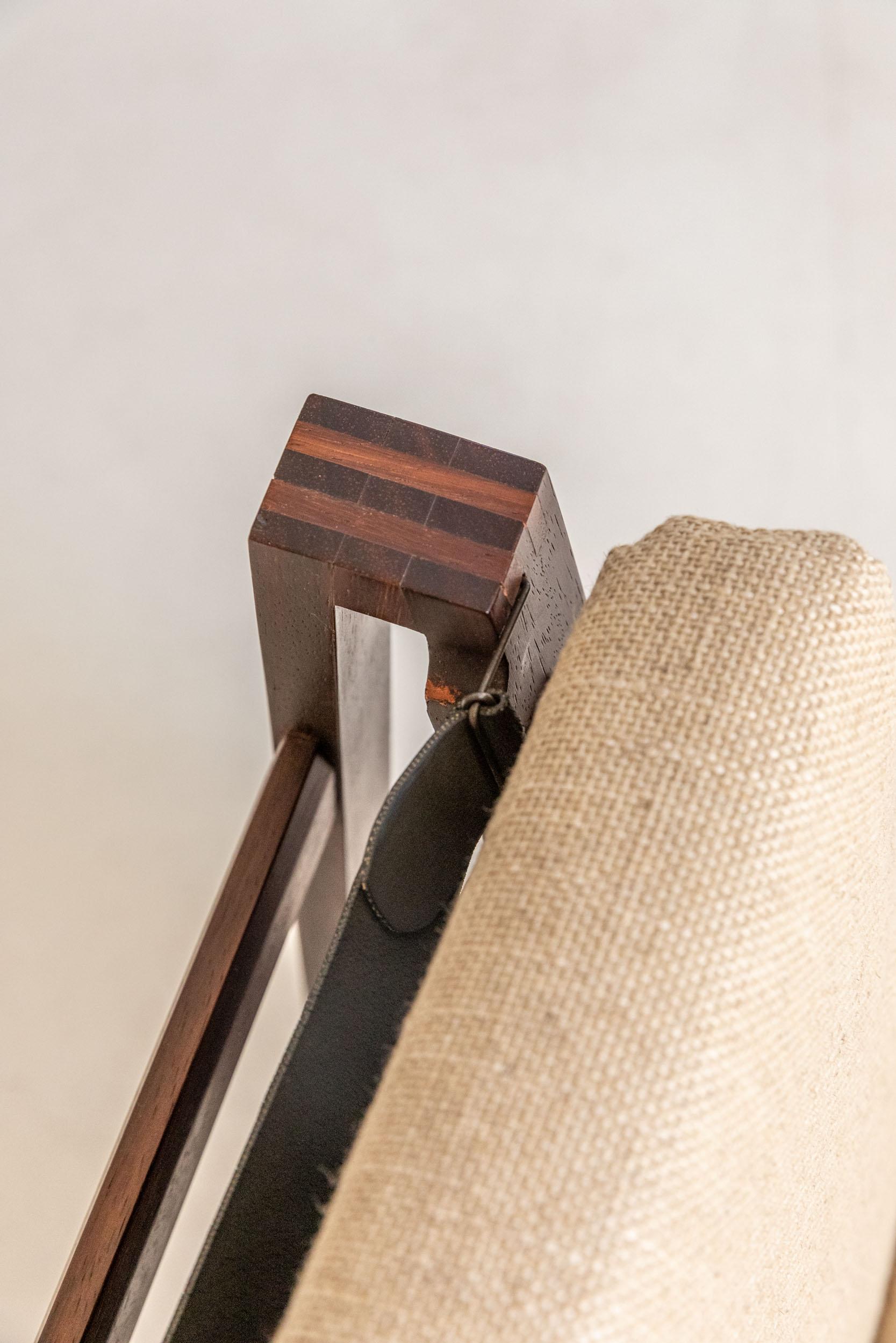 Mid-20th Century Pair of Wood Armchairs, Black Stripes and Écru Cushions