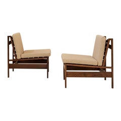 Pair of Wood Armchairs, Black Stripes and Écru Cushions