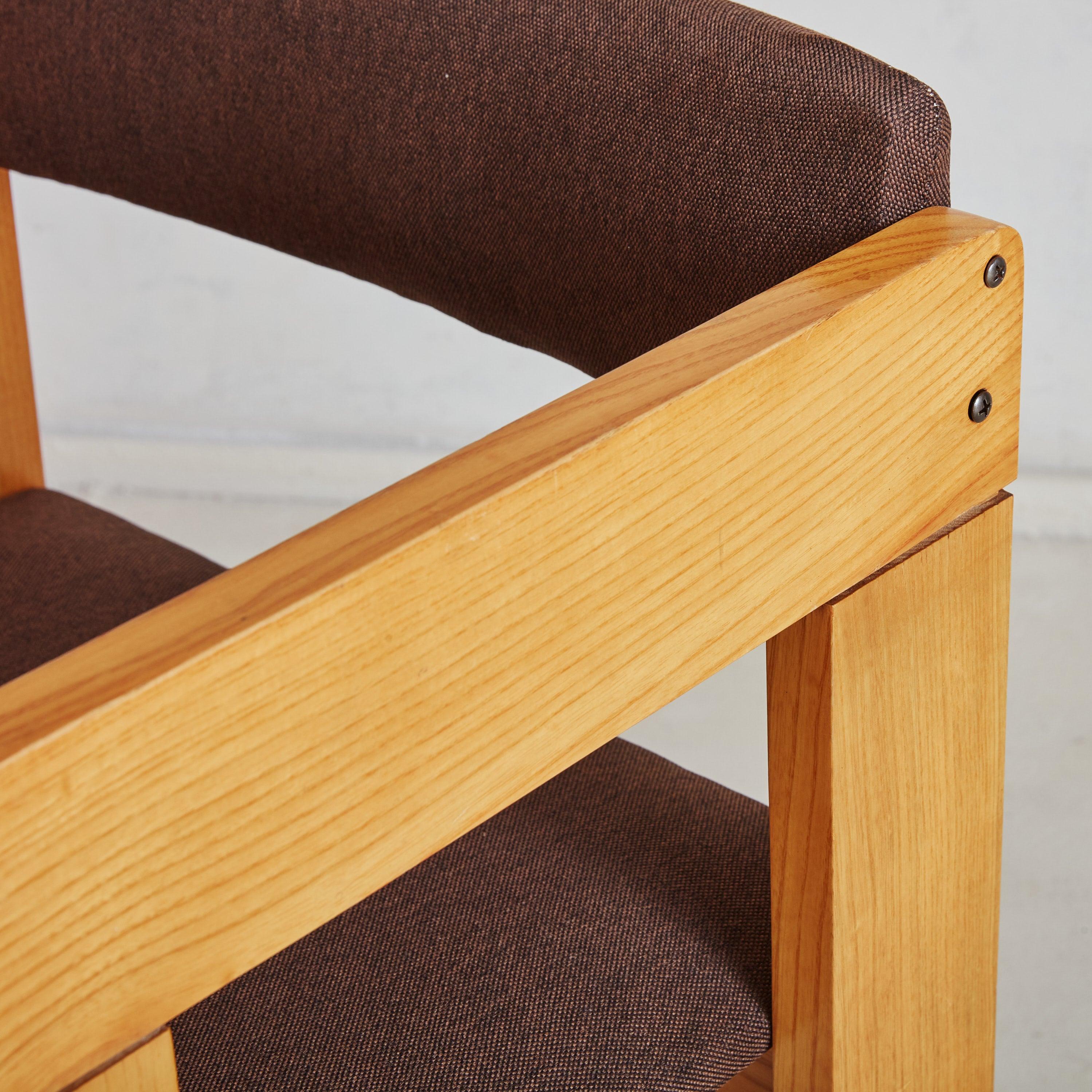 Mid-20th Century Pair of Wood Armchairs in Original Brown Upholstery, Italy 1960s For Sale