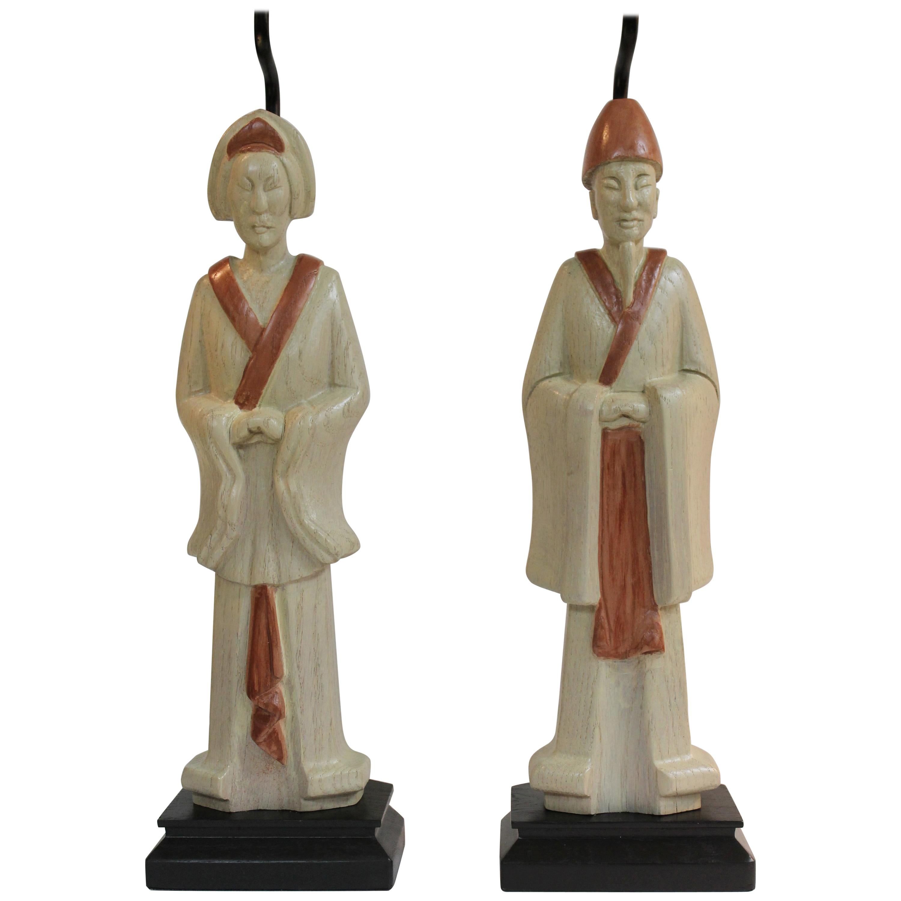 Pair of Wood Asian Lamps For Sale