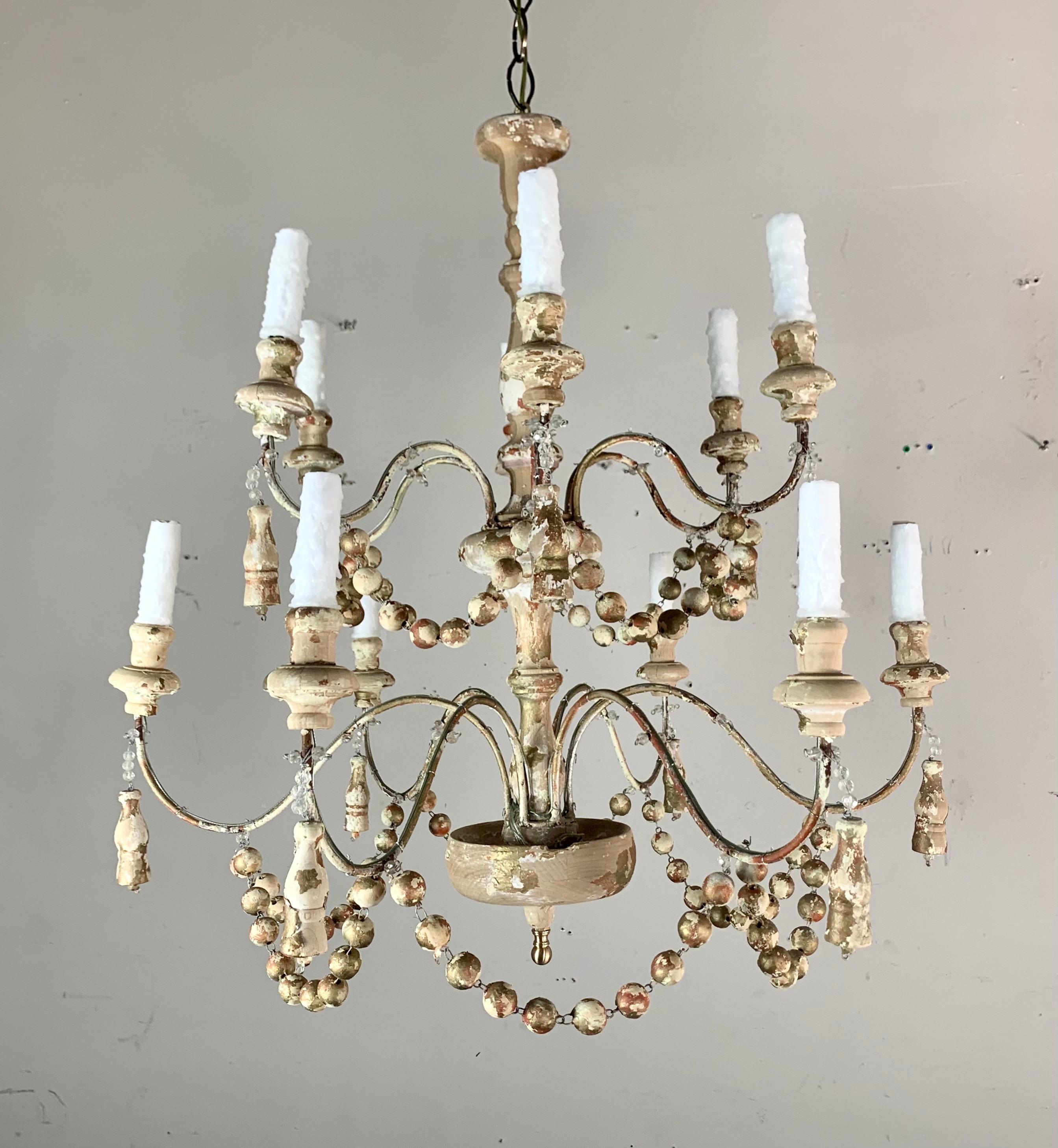 Rococo Pair of Wood Beaded Painted Chandelier w/ Tassels For Sale