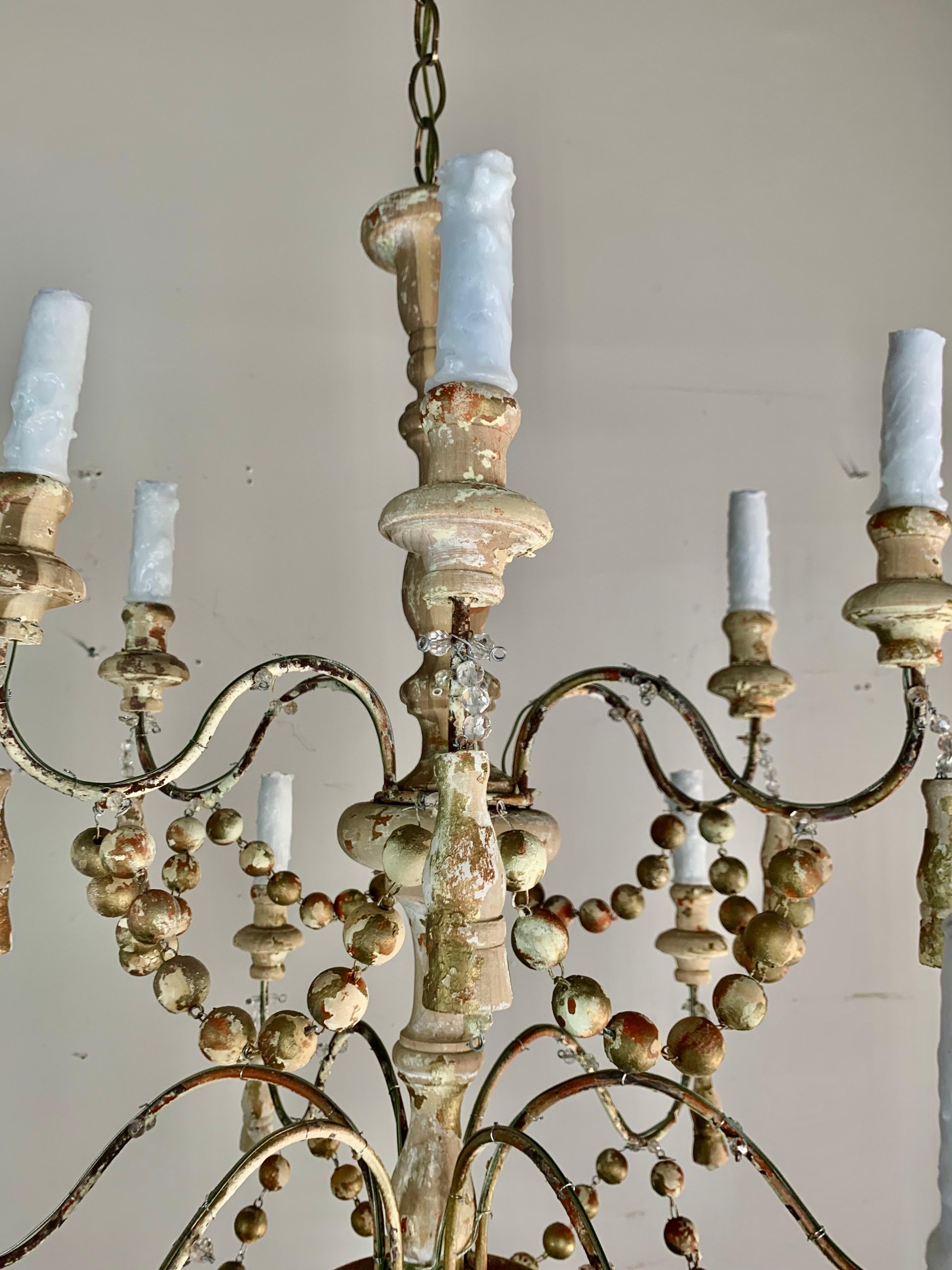 Pair of Wood Beaded Painted Chandelier w/ Tassels In Distressed Condition For Sale In Los Angeles, CA