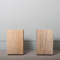 Pair of Wood Block Side Tables, Solid Ash, Brass Feet
