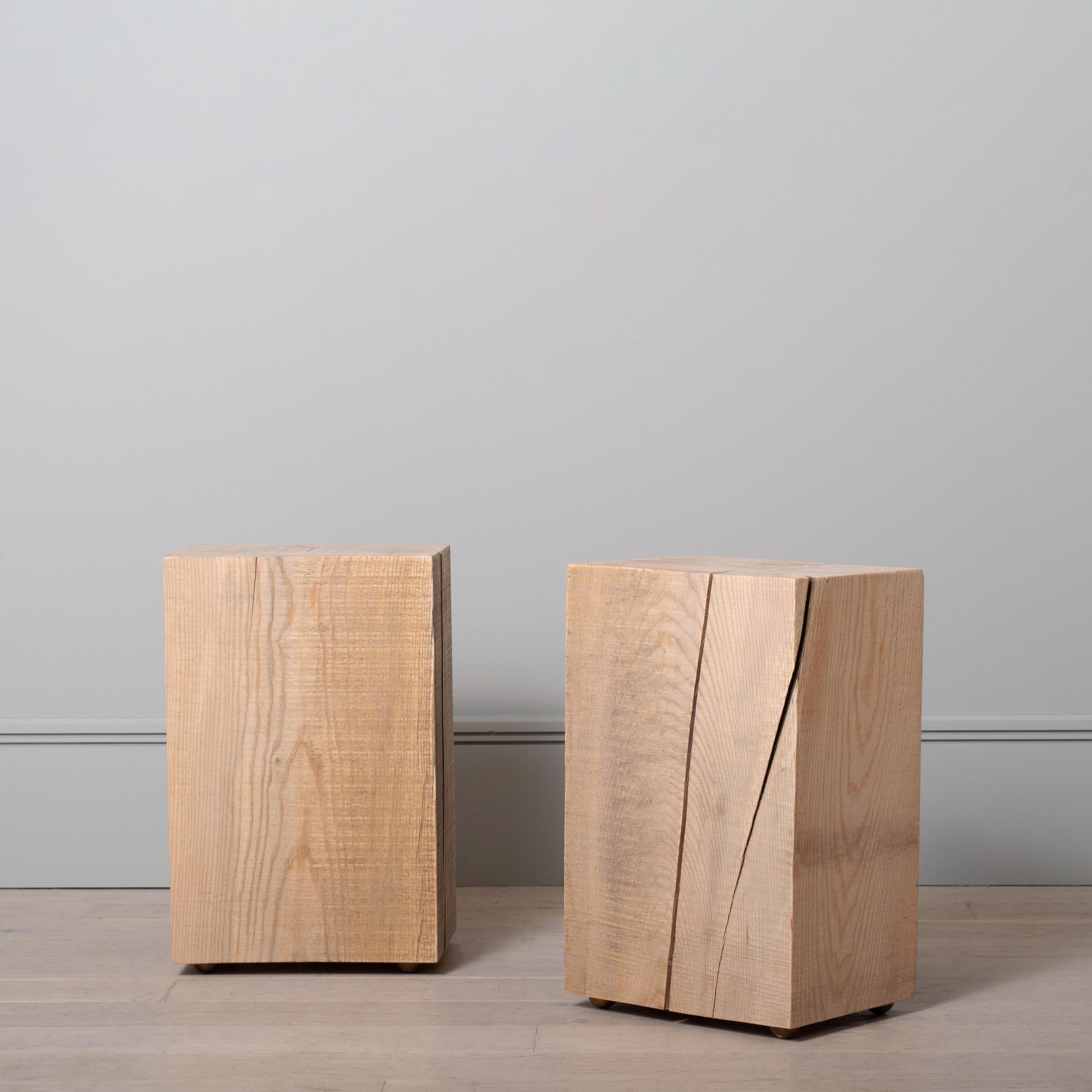 Rustic Pair of Wood Block Side Tables, Solid Ash, Brass Feet
