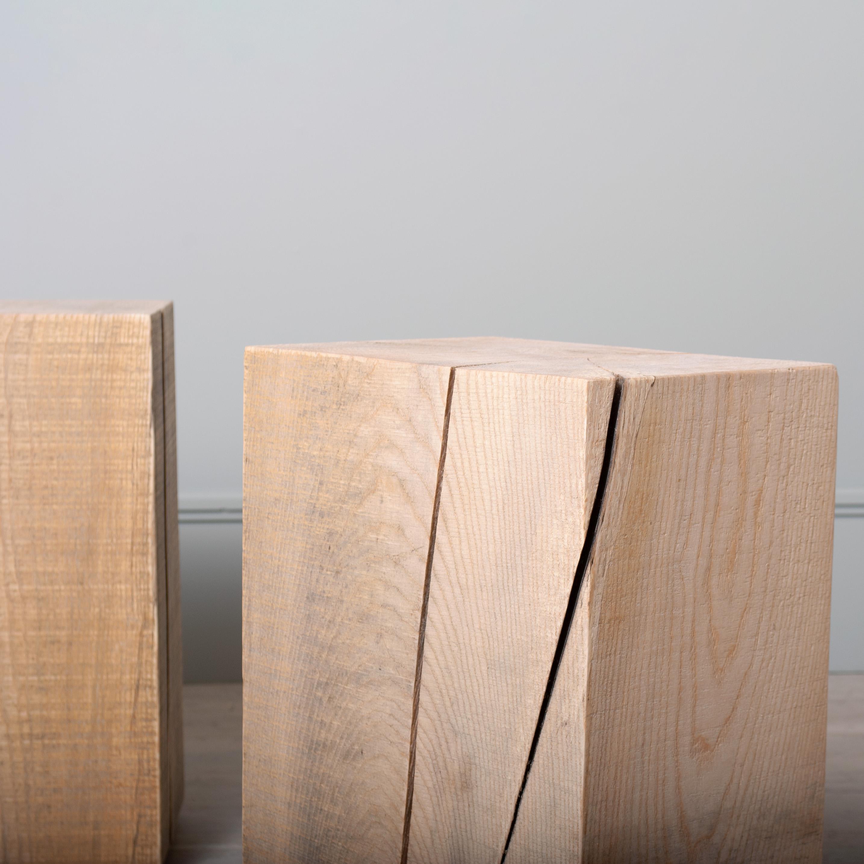 English Pair of Wood Block Side Tables, Solid Ash, Brass Feet