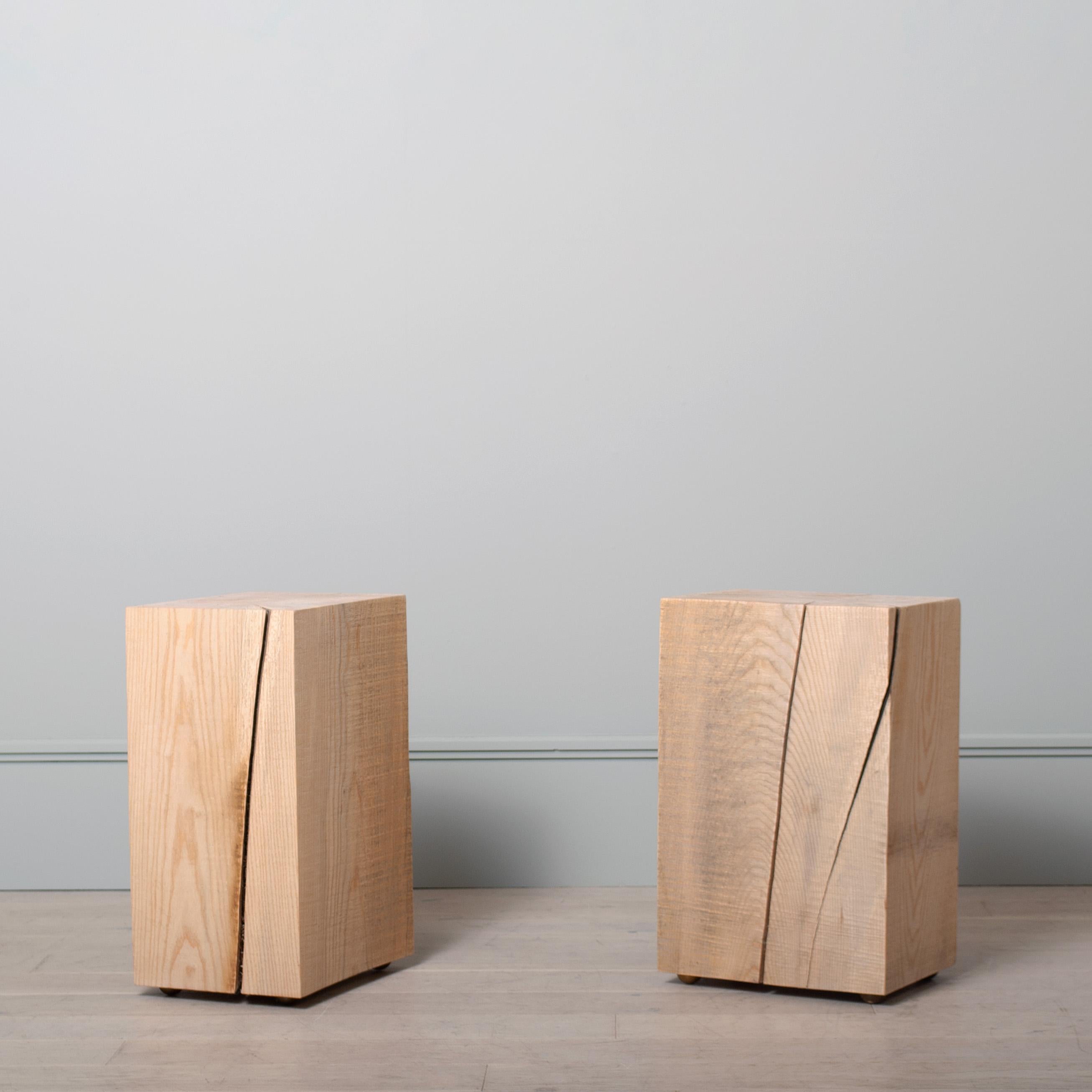 Organic Modern Pair of Wood Block Side Tables, Solid Ash, Brass Feet For Sale