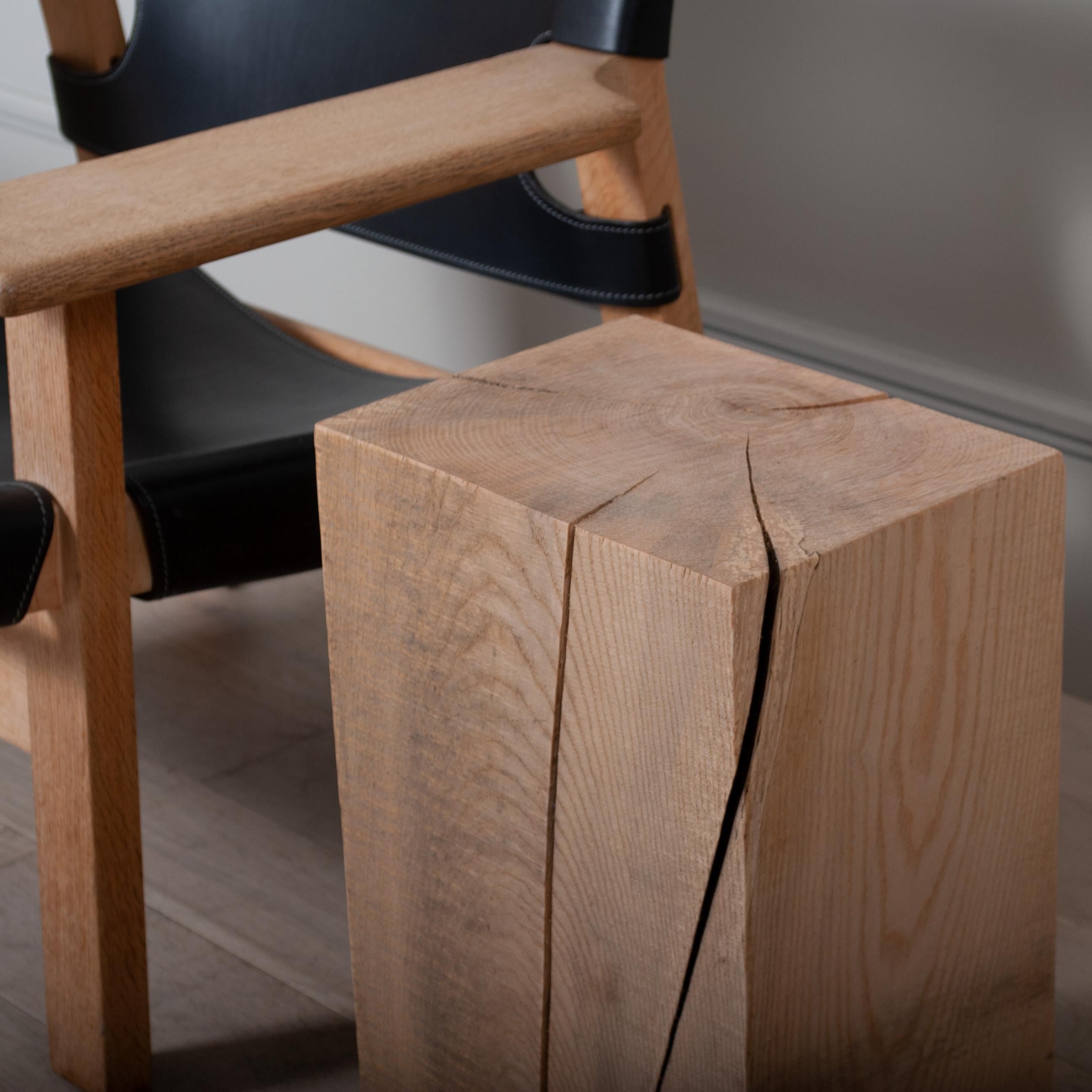 English Pair of Wood Block Side Tables, Solid Ash, Brass Feet