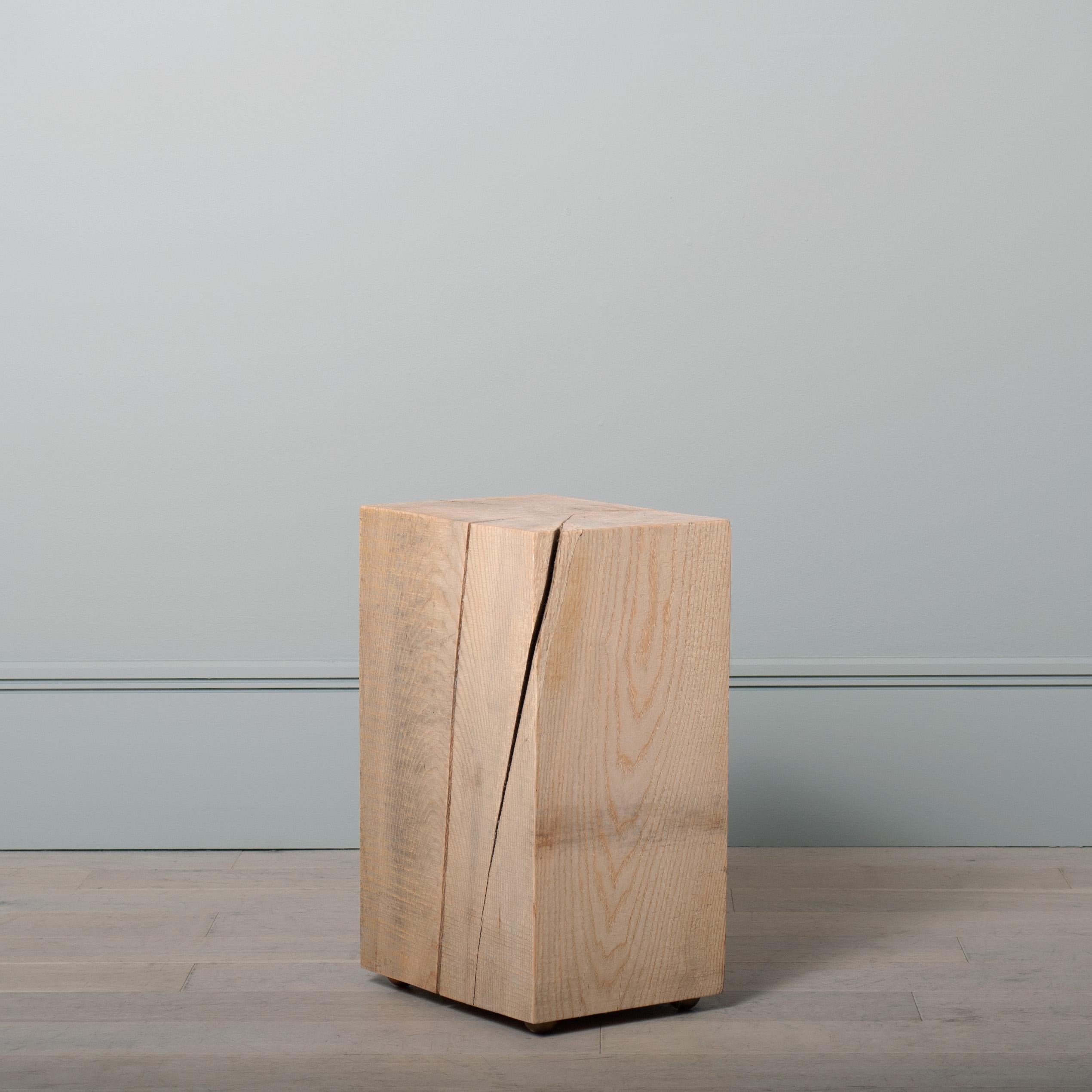 Contemporary Pair of Wood Block Side Tables, Solid Ash, Brass Feet