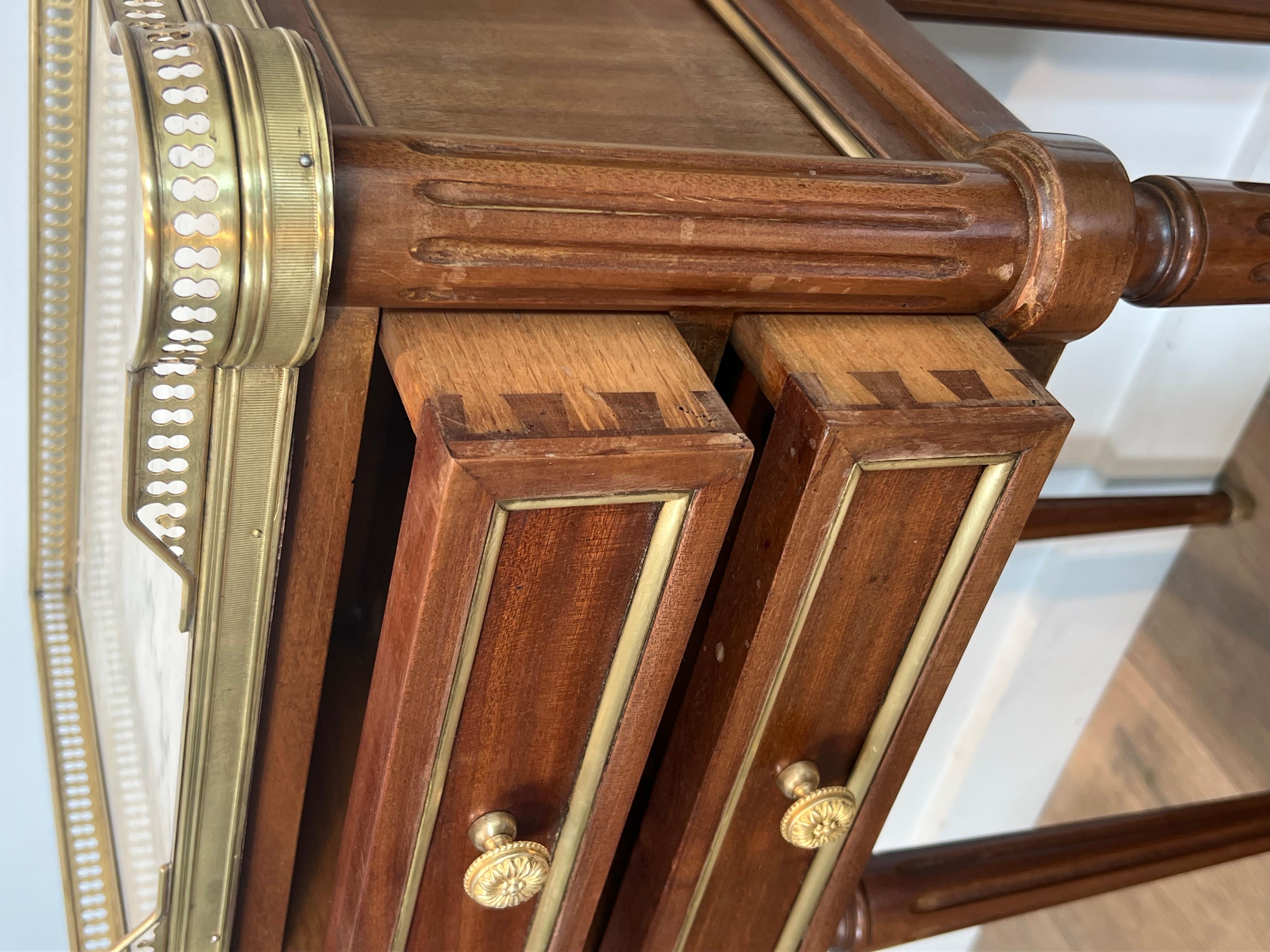 Pair of Wood & Brass Side Tables with Carrara Marble Tops in Maison Jansen Style For Sale 11