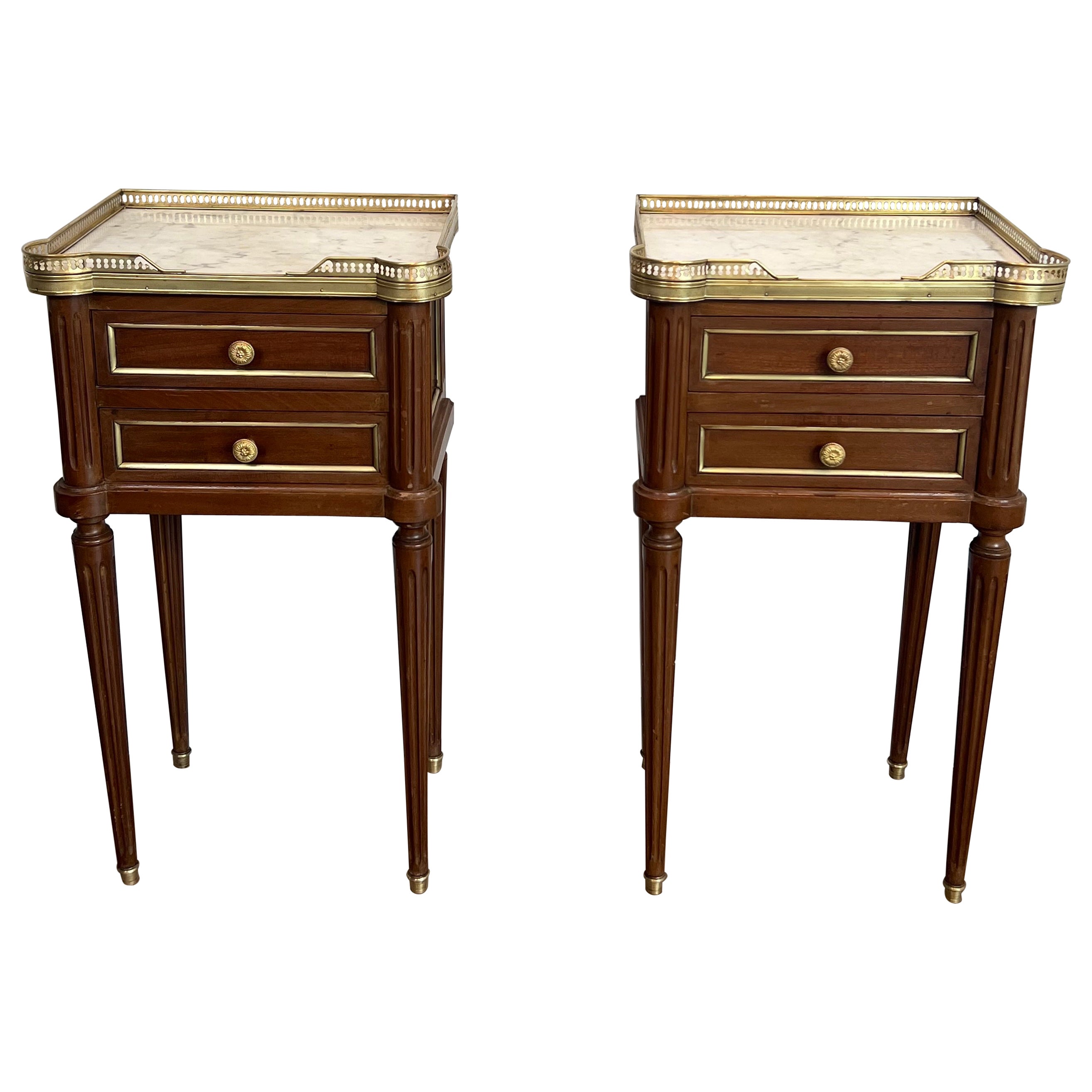 Pair of Wood & Brass Side Tables with Carrara Marble Tops in Maison Jansen Style For Sale