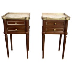 Pair of Wood & Brass Side Tables with Carrara Marble Tops in Maison Jansen Style