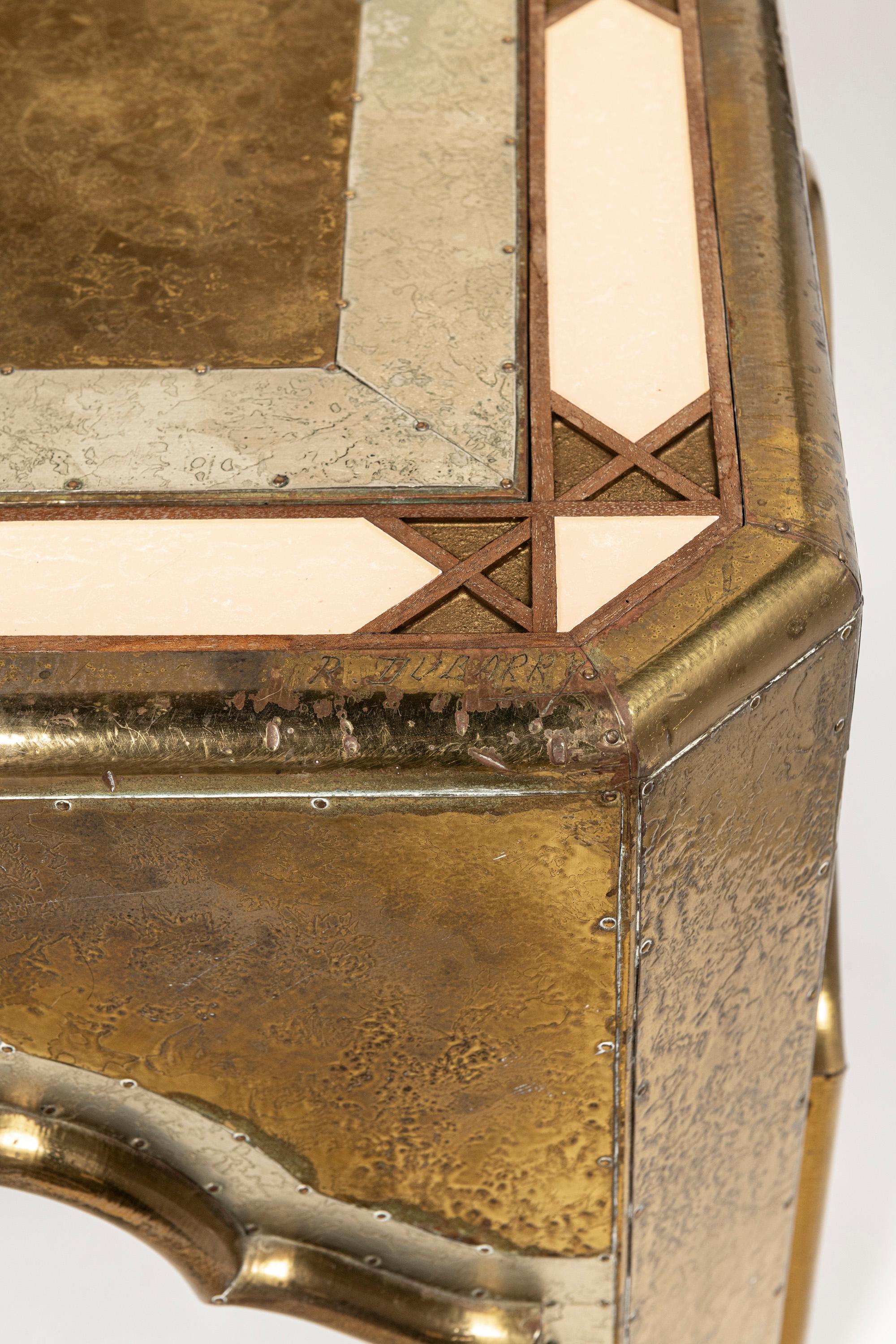 Spanish Pair of wood, bronze and acrylic side signed by R. Dubarry, Spain, circa 1970. For Sale