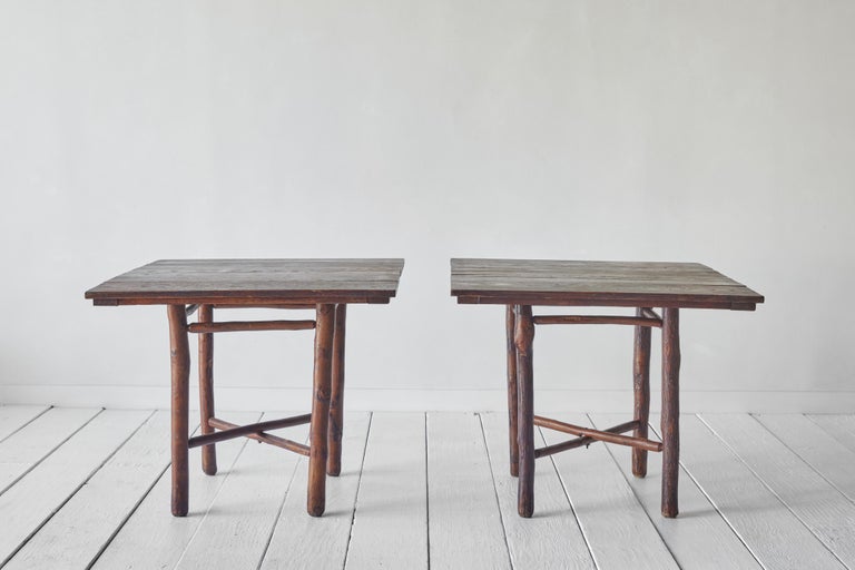 Vintage pair of Brutalist wood tables from France 1960s. These tables are in good condition, with wear that is consistent with age and use.