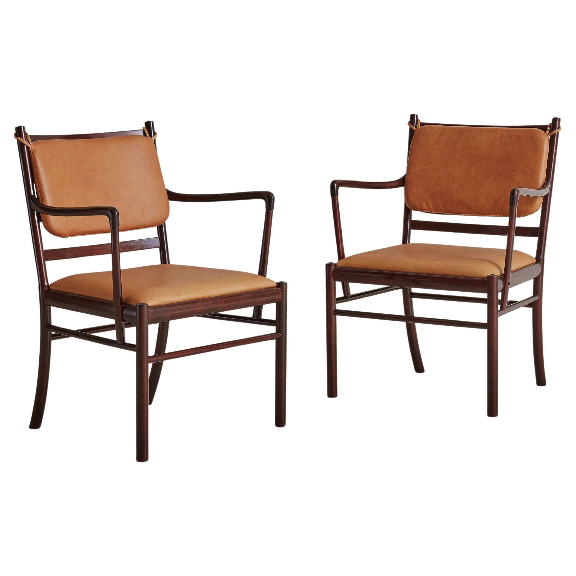Pair of Wood + Camel Leather 'Colonial' Armchairs by Ole Wanscher, Denmark 1960s For Sale