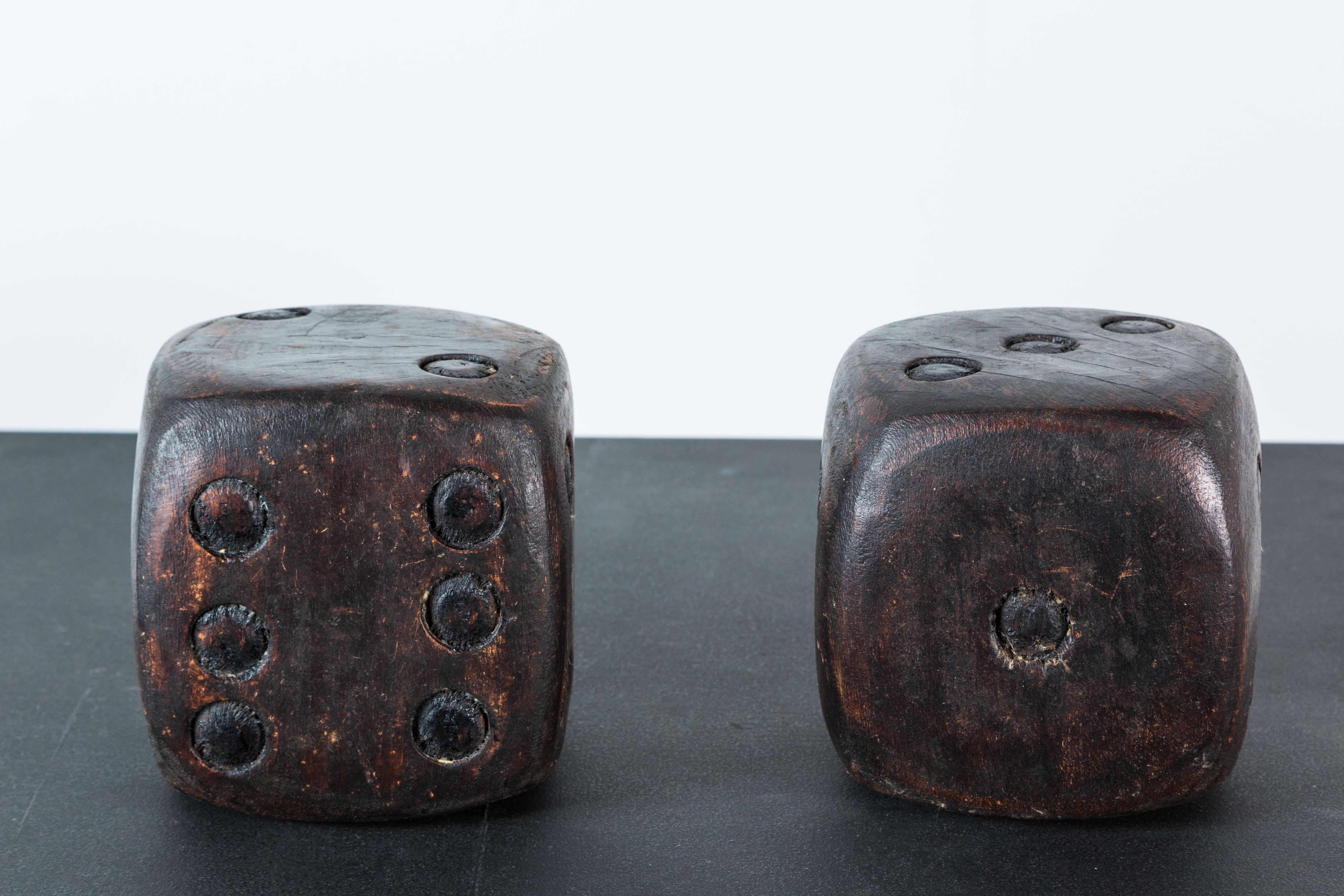 Stained Pair of Wood Carved American Folk Art Dice