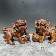 Pair of Wood Carved “Ruyi Lion” Statues – Auspicious Chinese Wood Sculpture Set