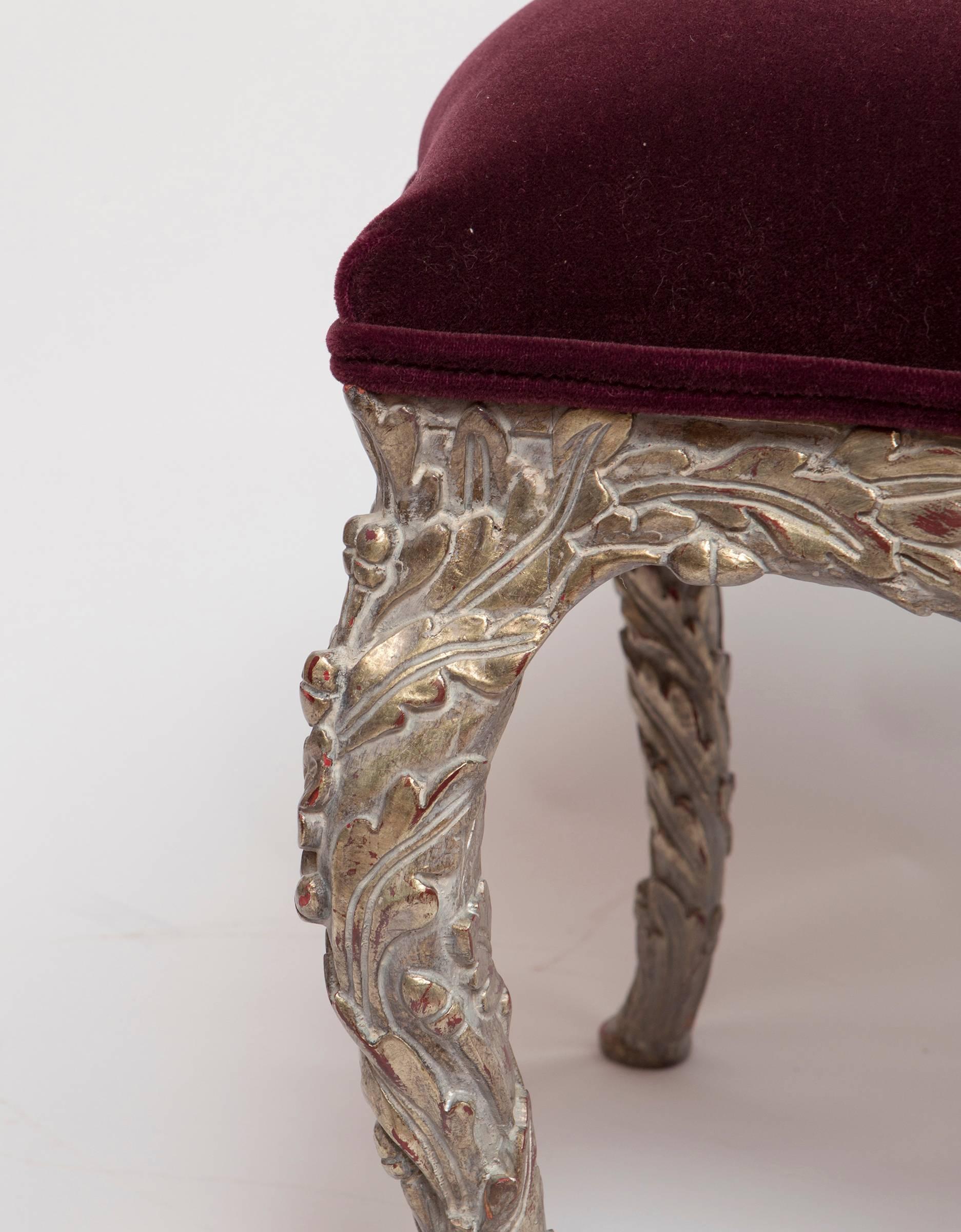 Unknown Pair of Wood Carved Silver Gilt Painted Stools with Mohair Velvet Upholstery For Sale