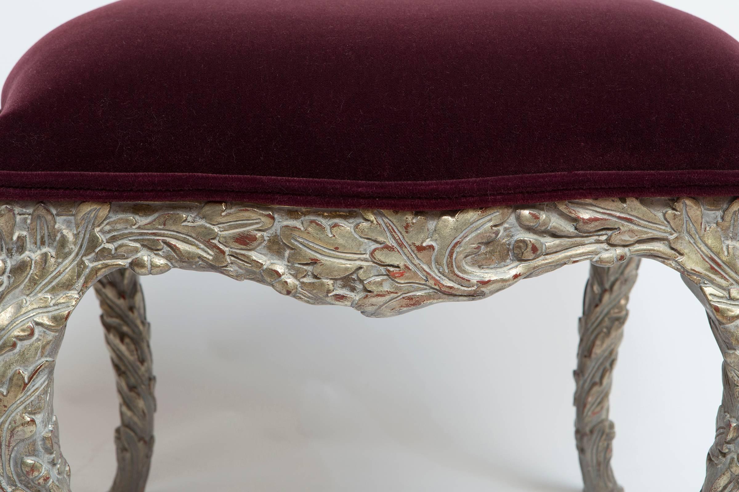 20th Century Pair of Wood Carved Silver Gilt Painted Stools with Mohair Velvet Upholstery For Sale