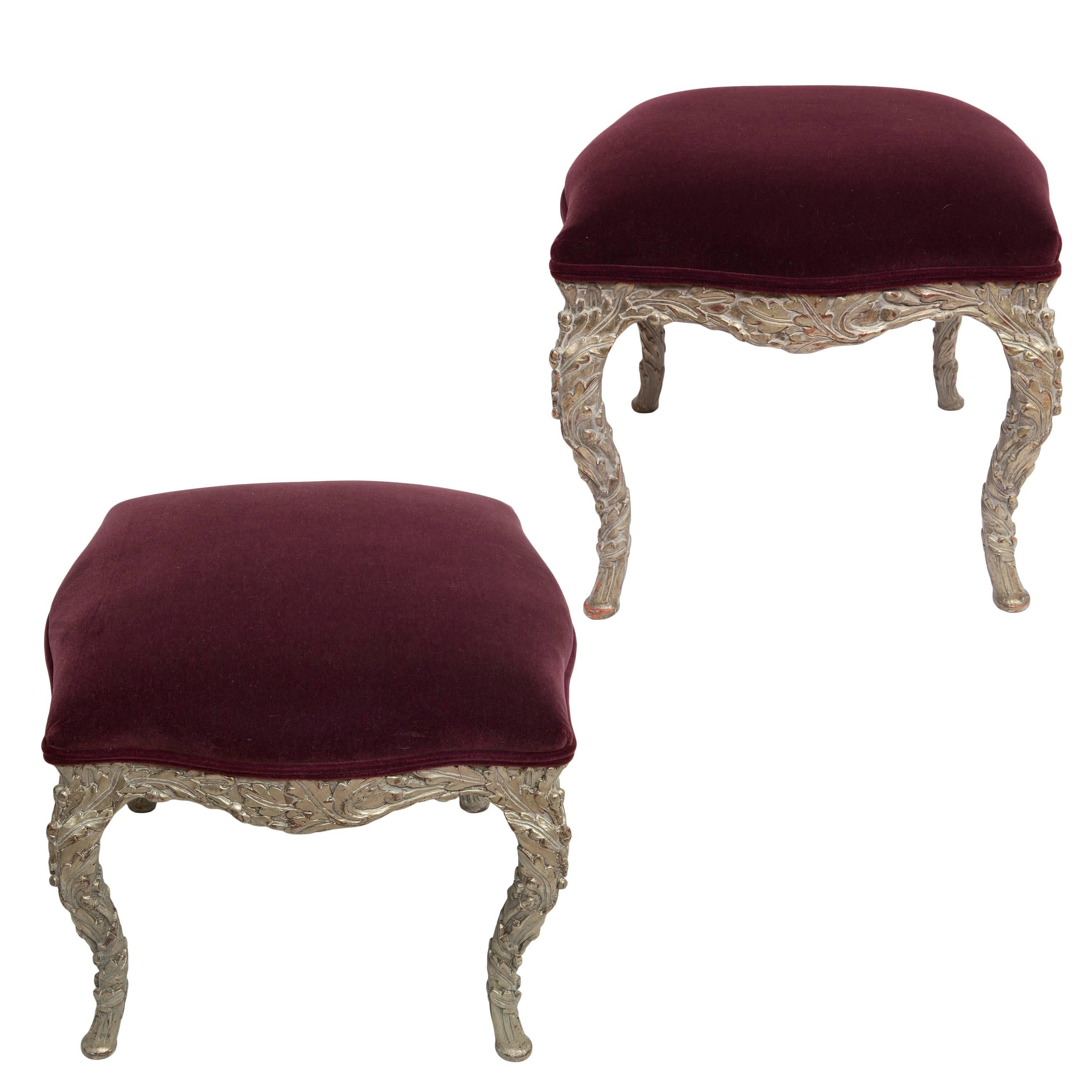 Pair of Wood Carved Silver Gilt Painted Stools with Mohair Velvet Upholstery For Sale