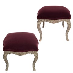 Vintage Pair of Wood Carved Silver Gilt Painted Stools with Mohair Velvet Upholstery
