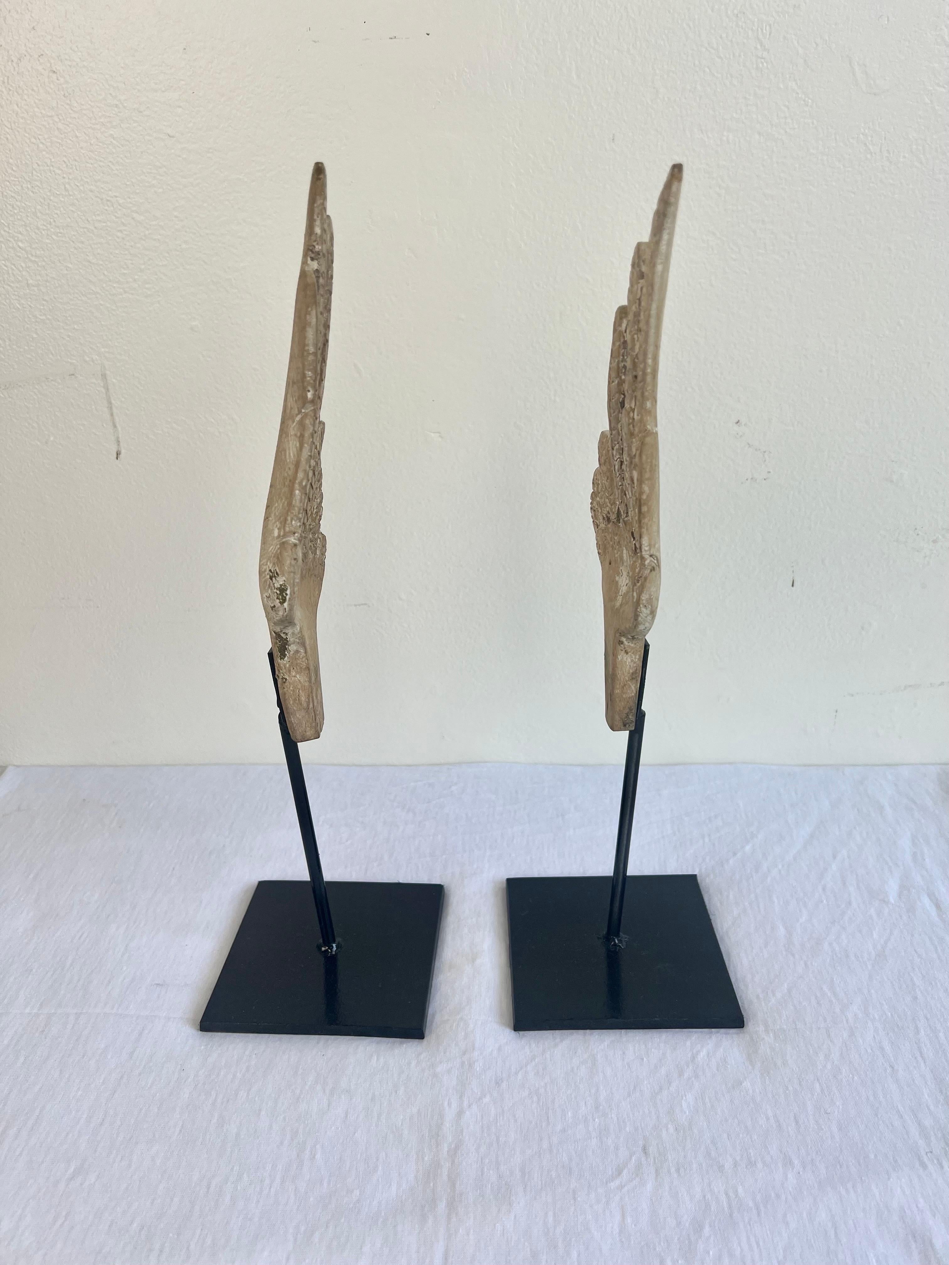 Neoclassical Pair of Wood Carved Wings on Iron Bases For Sale