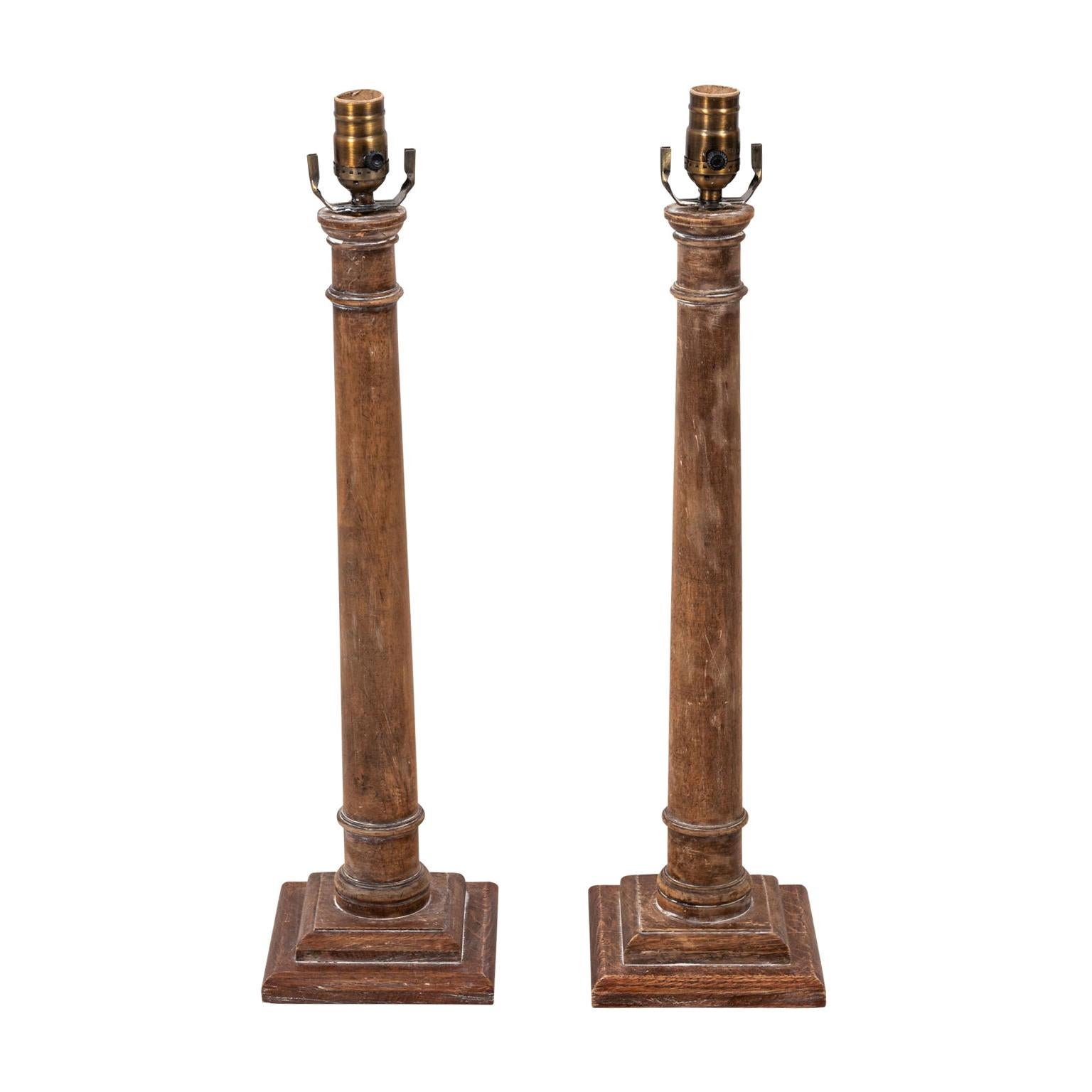 Pair of Carved Wood Column Lamps For Sale at 1stDibs