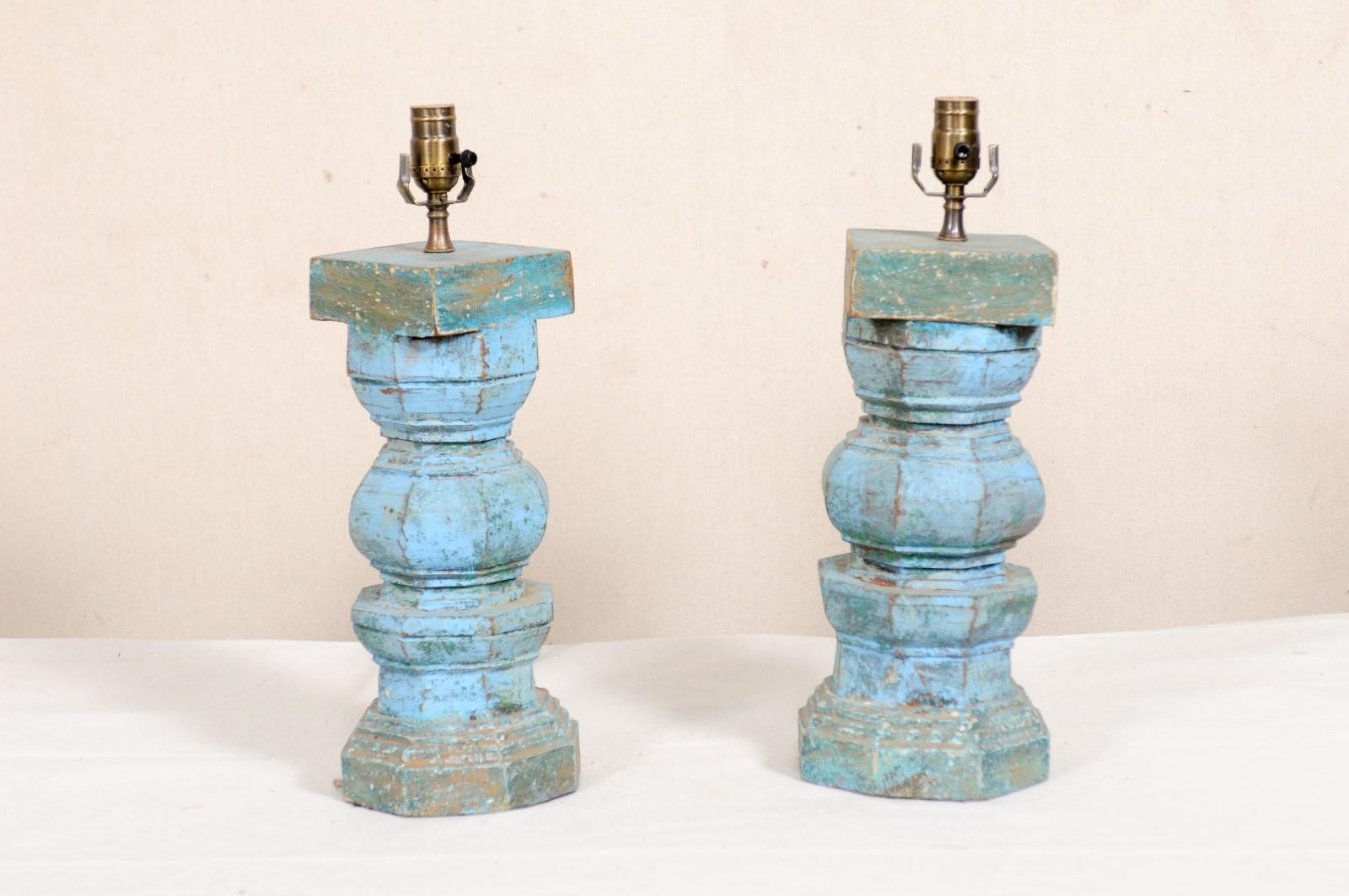 North American Pair of Wood Column Table Lamps in Blue and Turquoise Hues For Sale