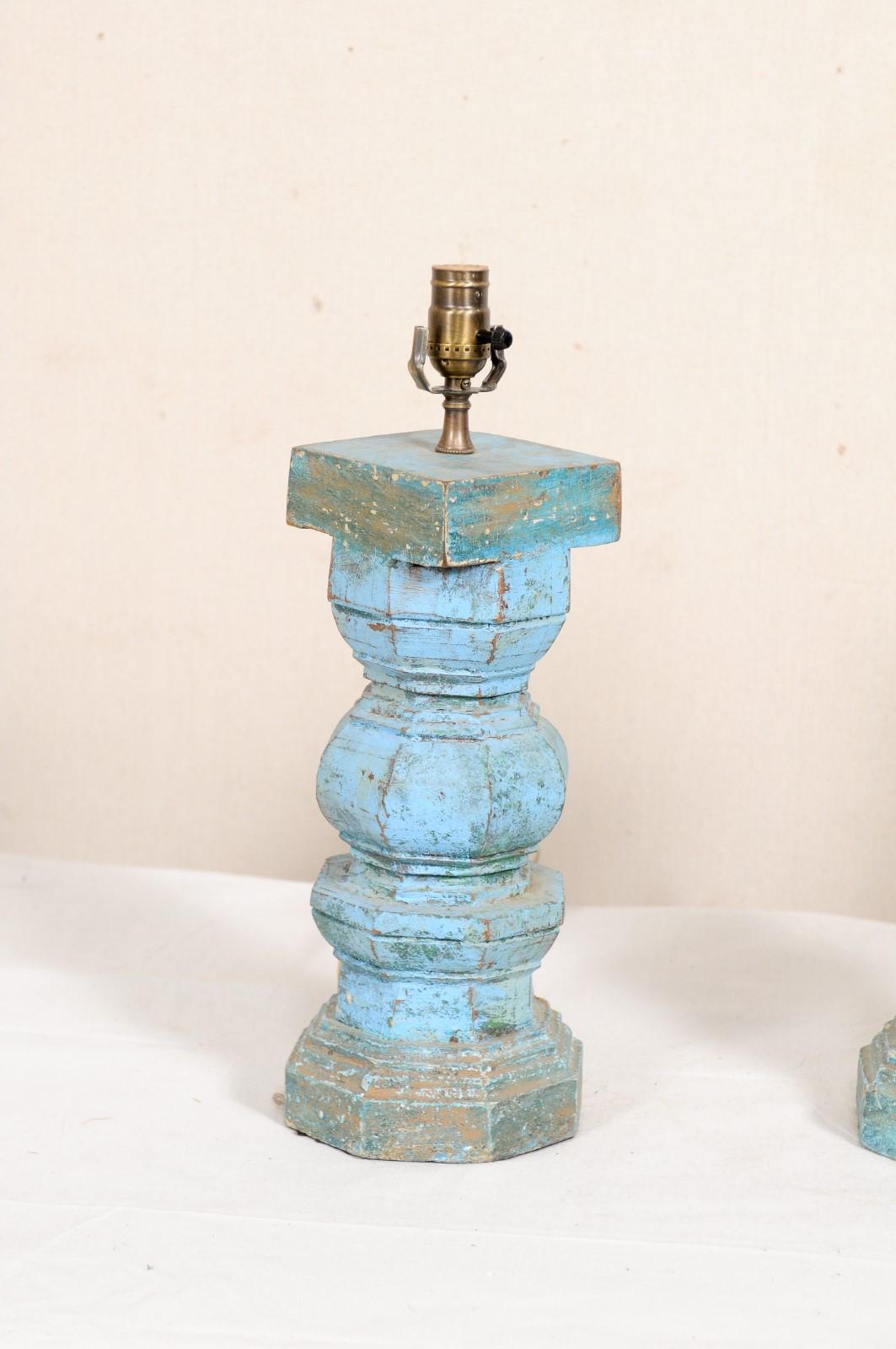 Pair of Wood Column Table Lamps in Blue and Turquoise Hues In Good Condition For Sale In Atlanta, GA