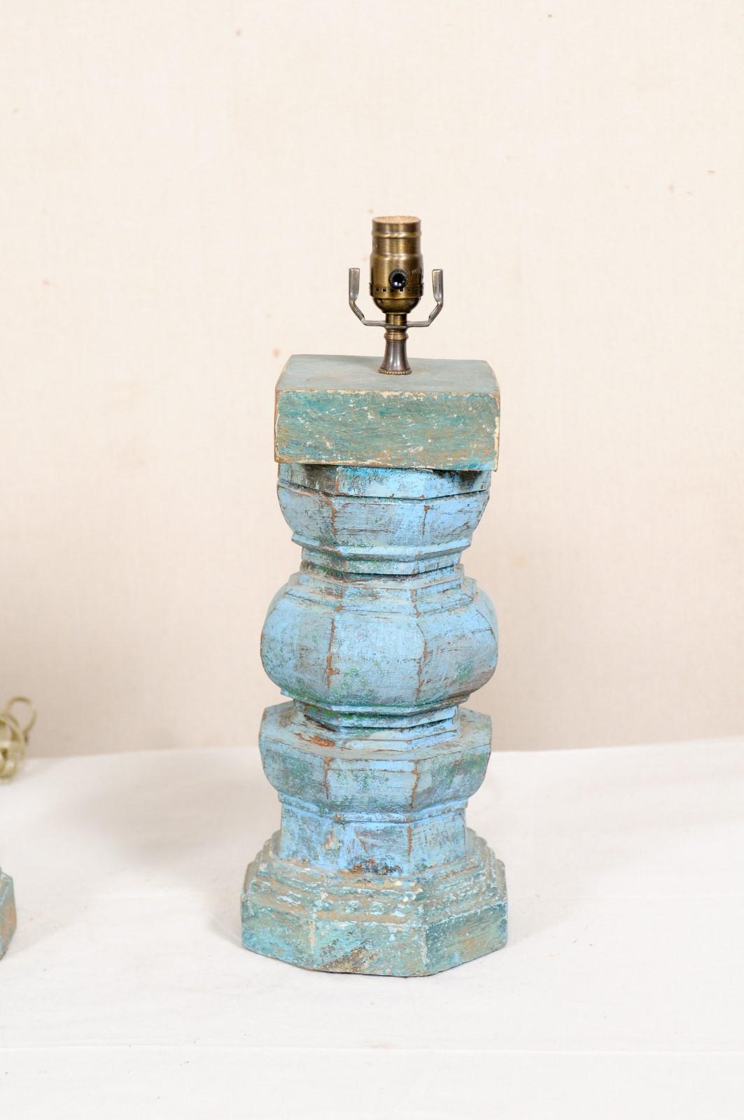 20th Century Pair of Wood Column Table Lamps in Blue and Turquoise Hues For Sale