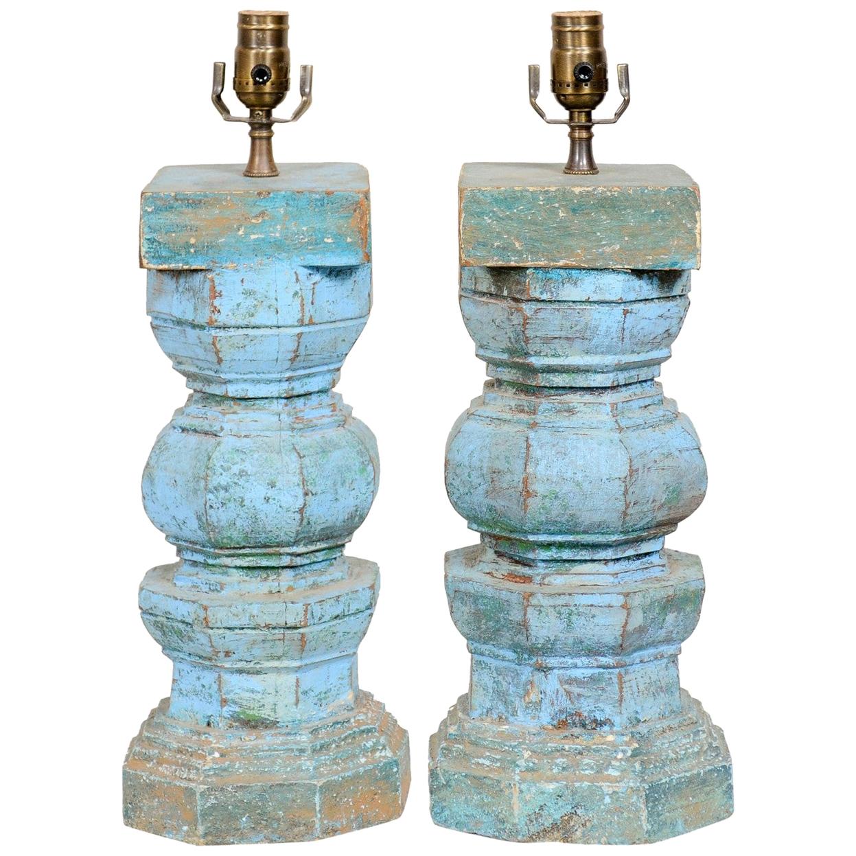 Pair of Wood Column Table Lamps in Blue and Turquoise Hues For Sale