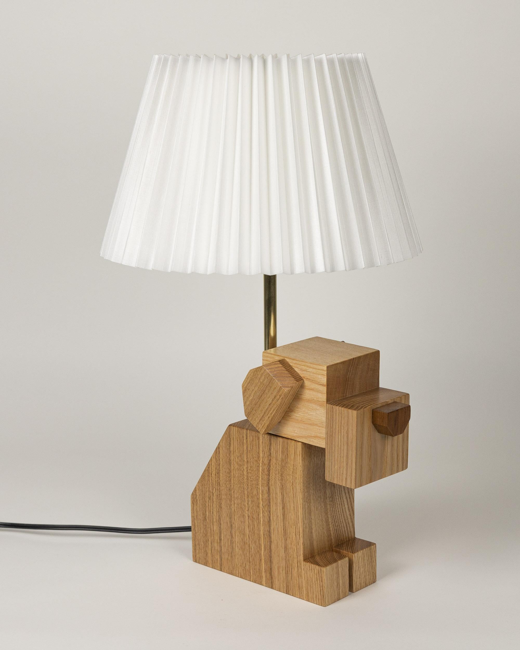 Brass Pair of Wood Dog Table Lamps with White Fabric Shades, hand-crafted, hardwood For Sale