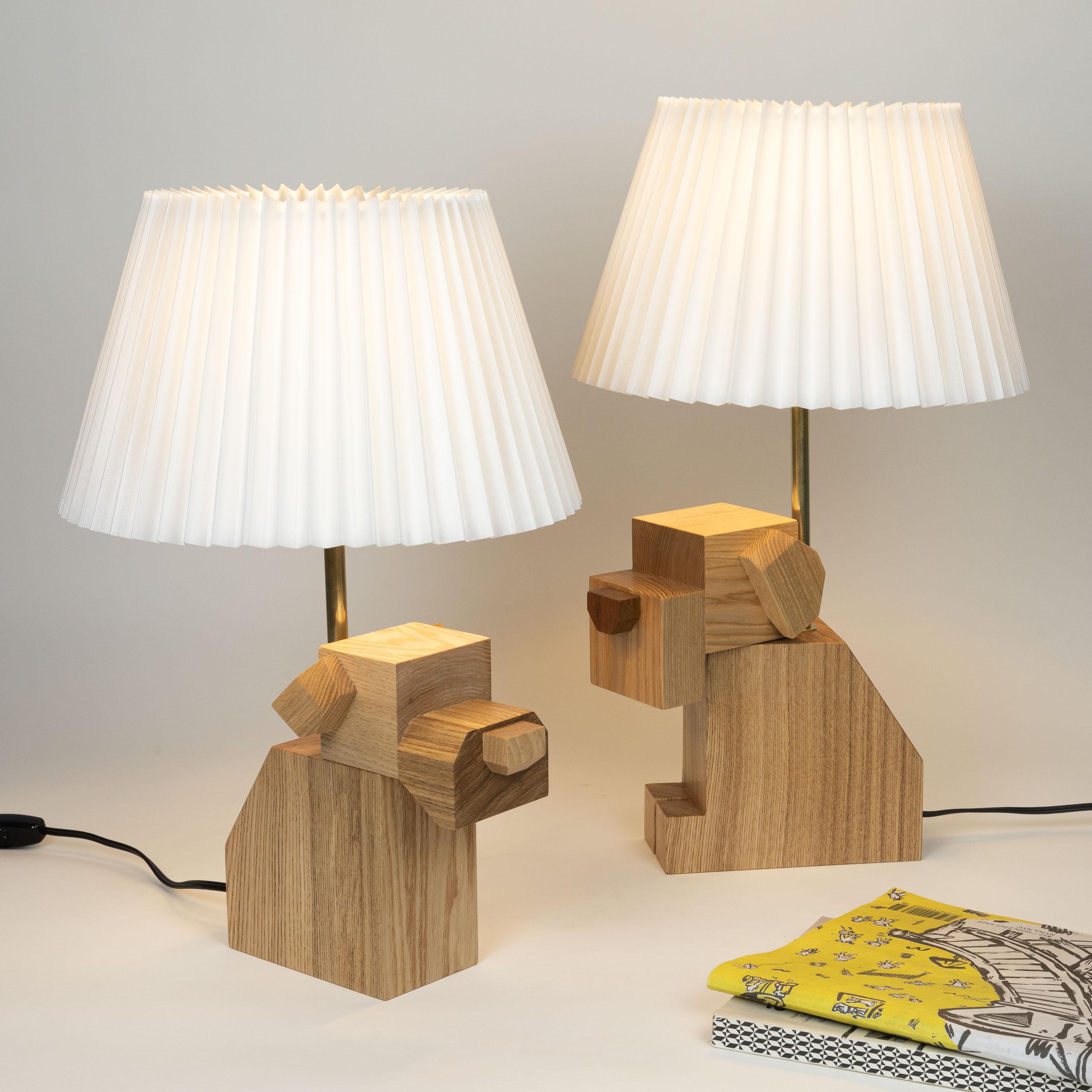 Hand-Crafted Pair of Wood Dog Table Lamps with White Fabric Shades, hand-crafted, hardwood For Sale
