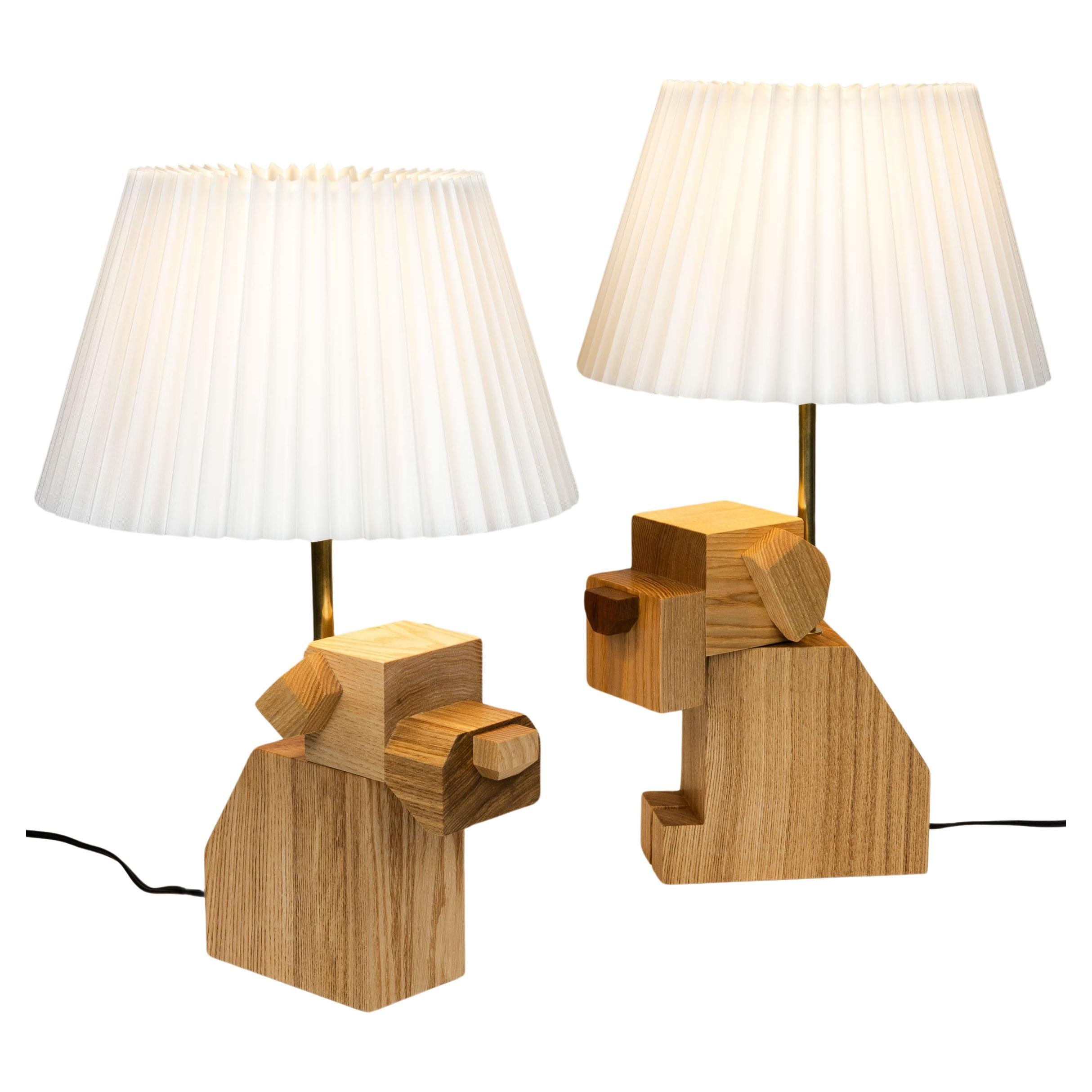 Pair of Wood Dog Table Lamps with White Fabric Shades, hand-crafted, hardwood For Sale