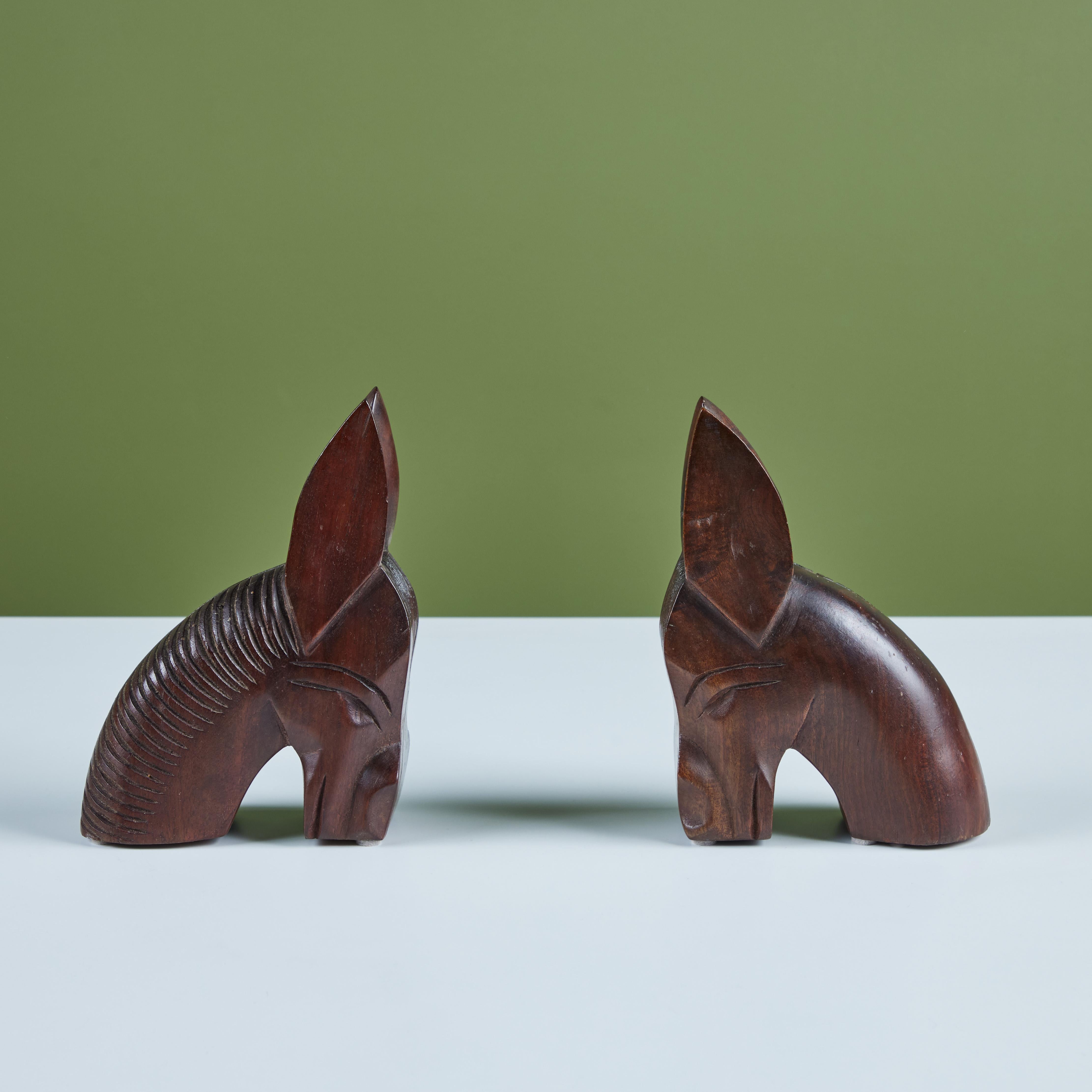 Sculpté à la main Paire de serre-livres en bois en forme d'âne