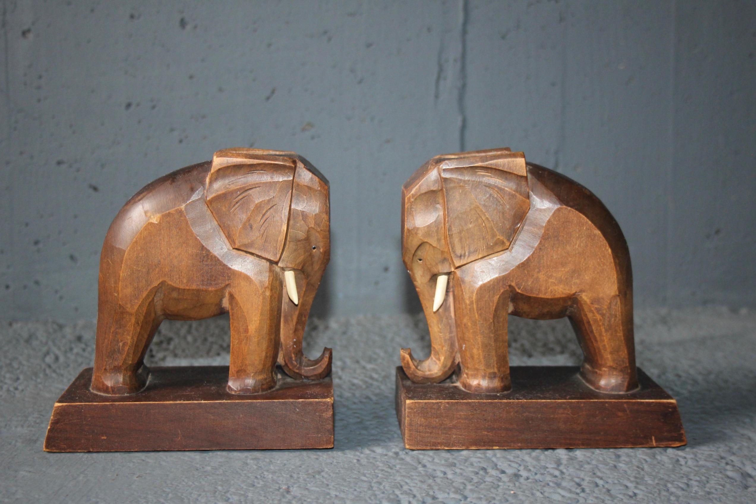 Mid-20th Century Pair of Wood Elephant Bookends