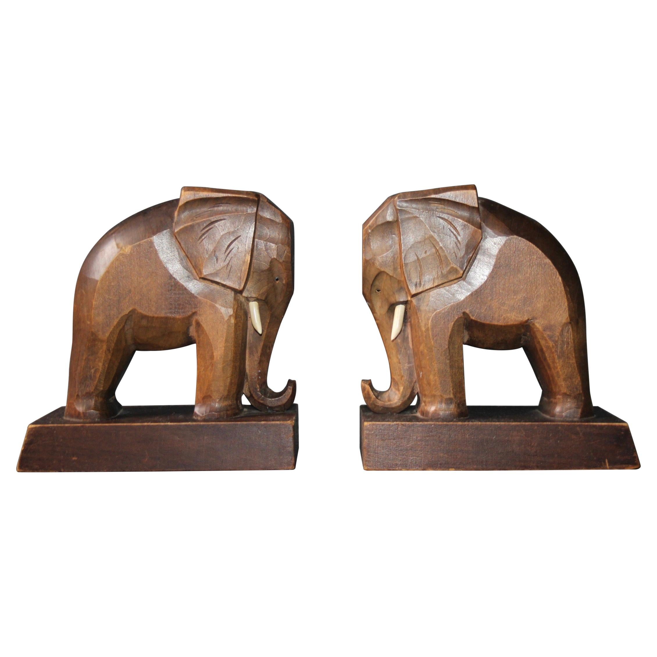 Pair of Elephant Bookends Free Delivery Carved Wood Vintage Distressed Painted 