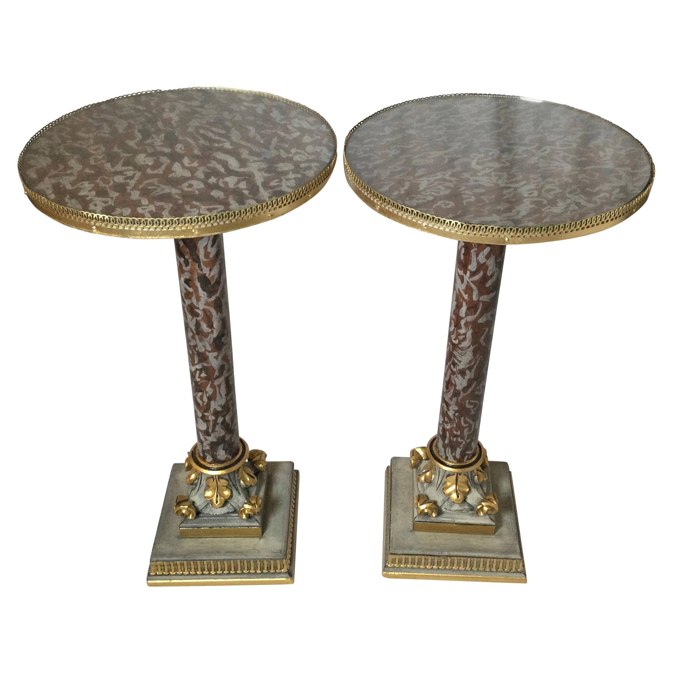 Pair of Wood Faux Marble Painted Round Side Tables