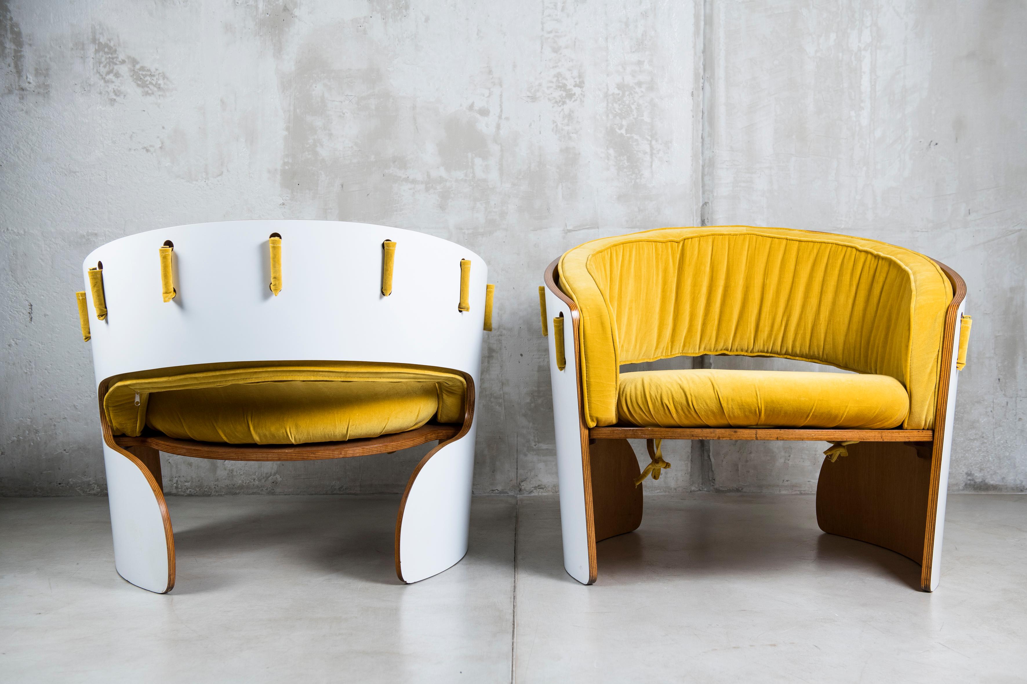 Mid-Century Modern Pair of Wood, Formica and Velvet Armchairs, Designed by Ricardo Blanco, 1969 For Sale