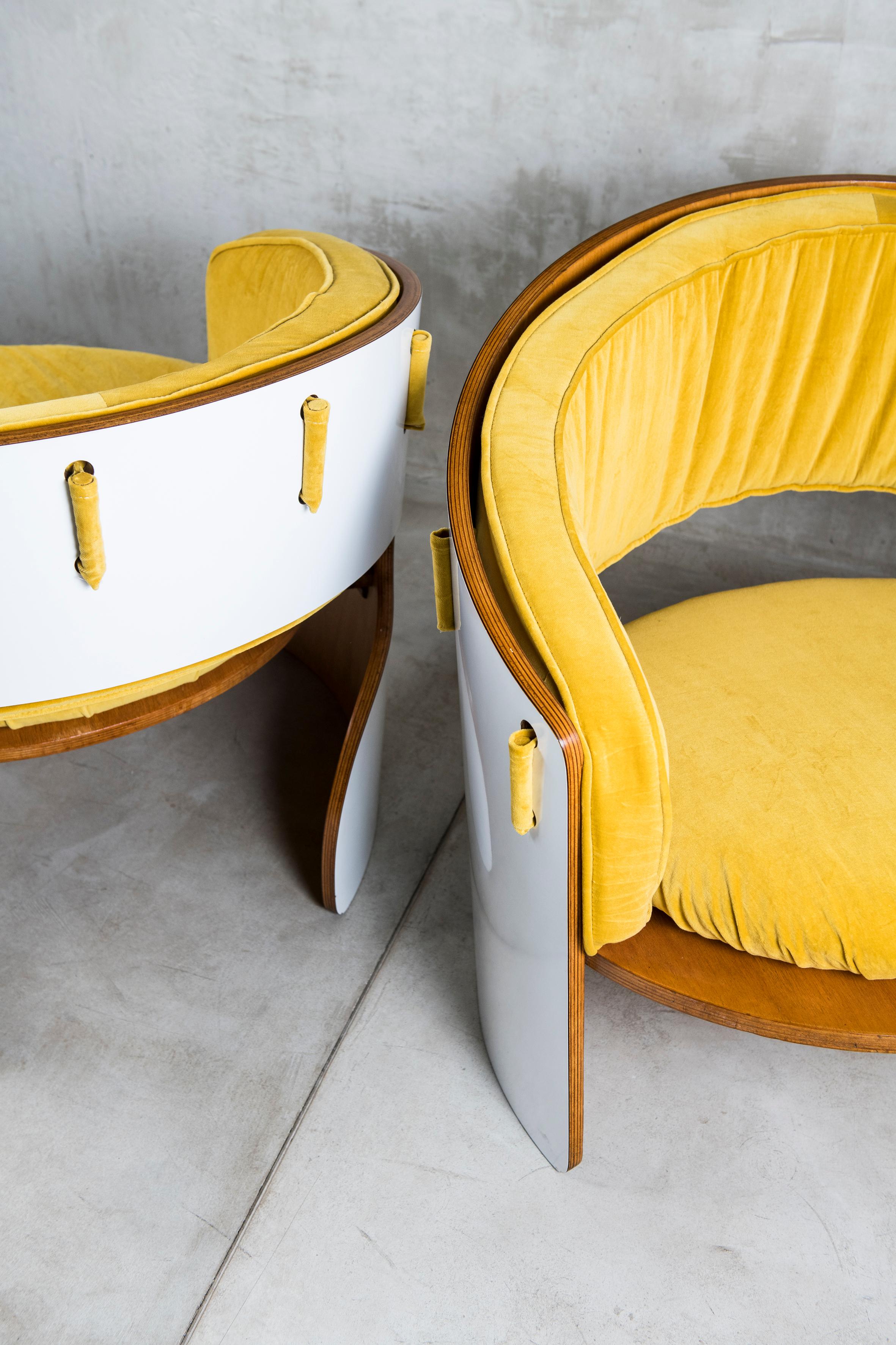 Mid-20th Century Pair of Wood, Formica and Velvet Armchairs, Designed by Ricardo Blanco, 1969 For Sale