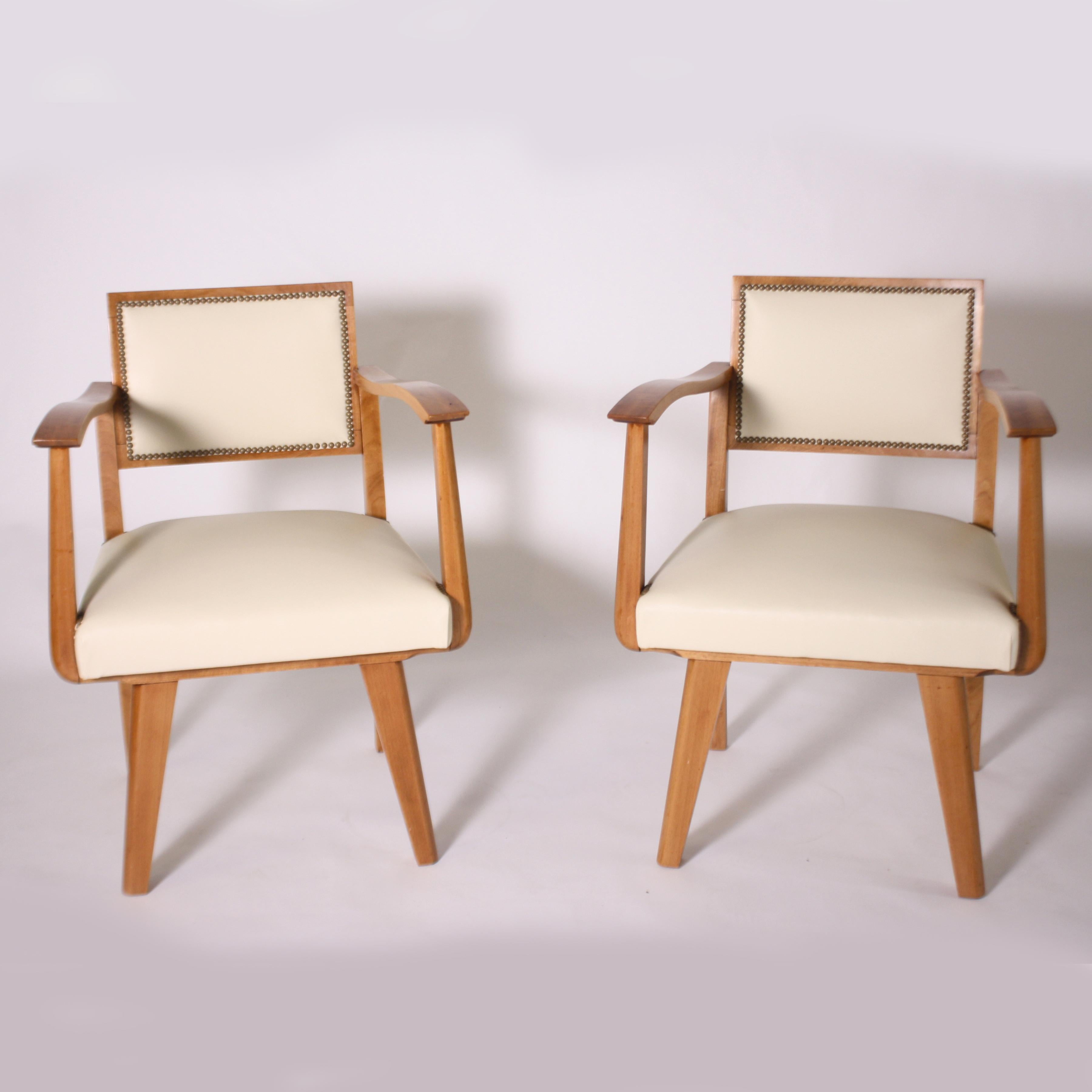 Pair of Wood Frame Armchairs with Leather, circa 1960 In Good Condition In Dallas, TX