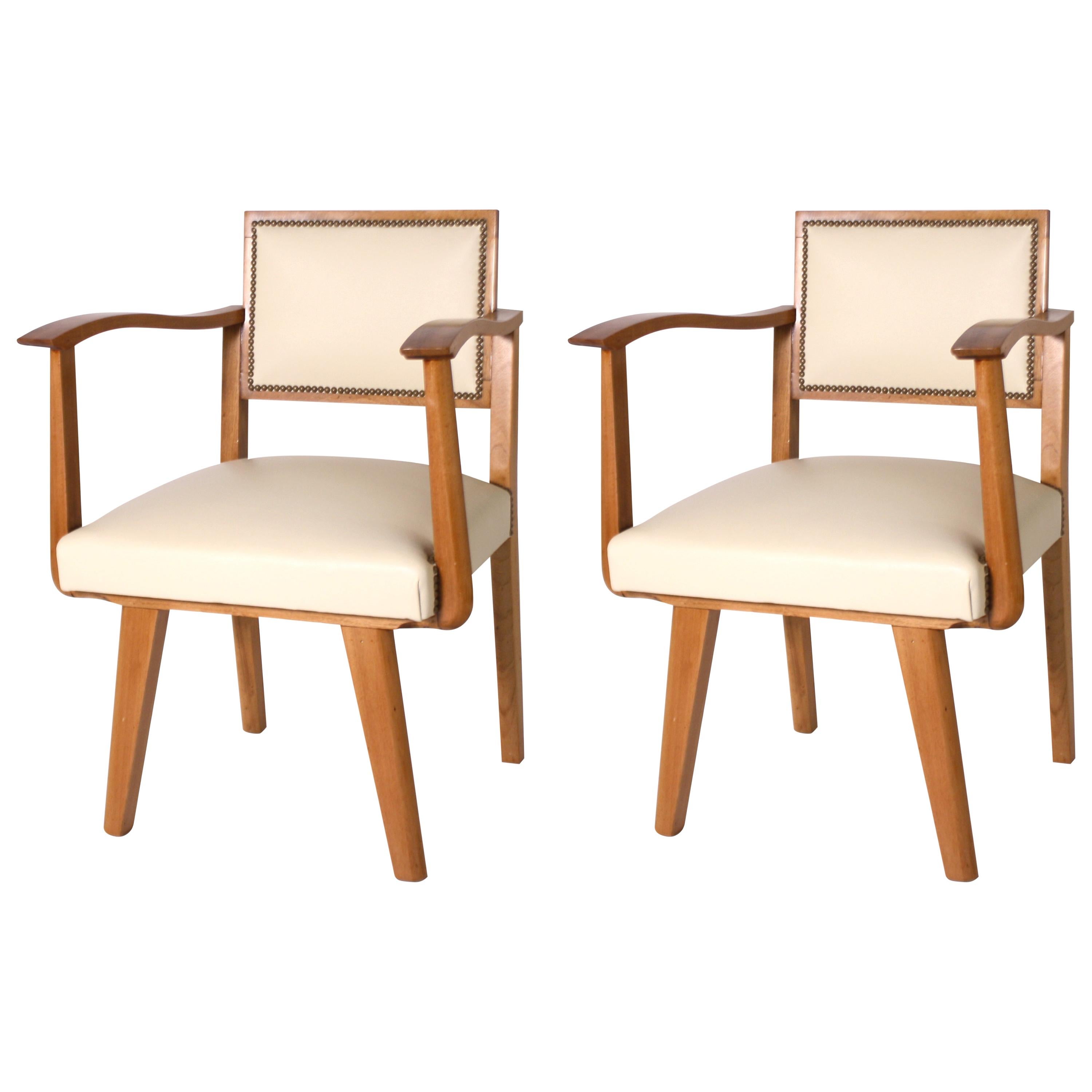 Pair of Wood Frame Armchairs with Leather, circa 1960